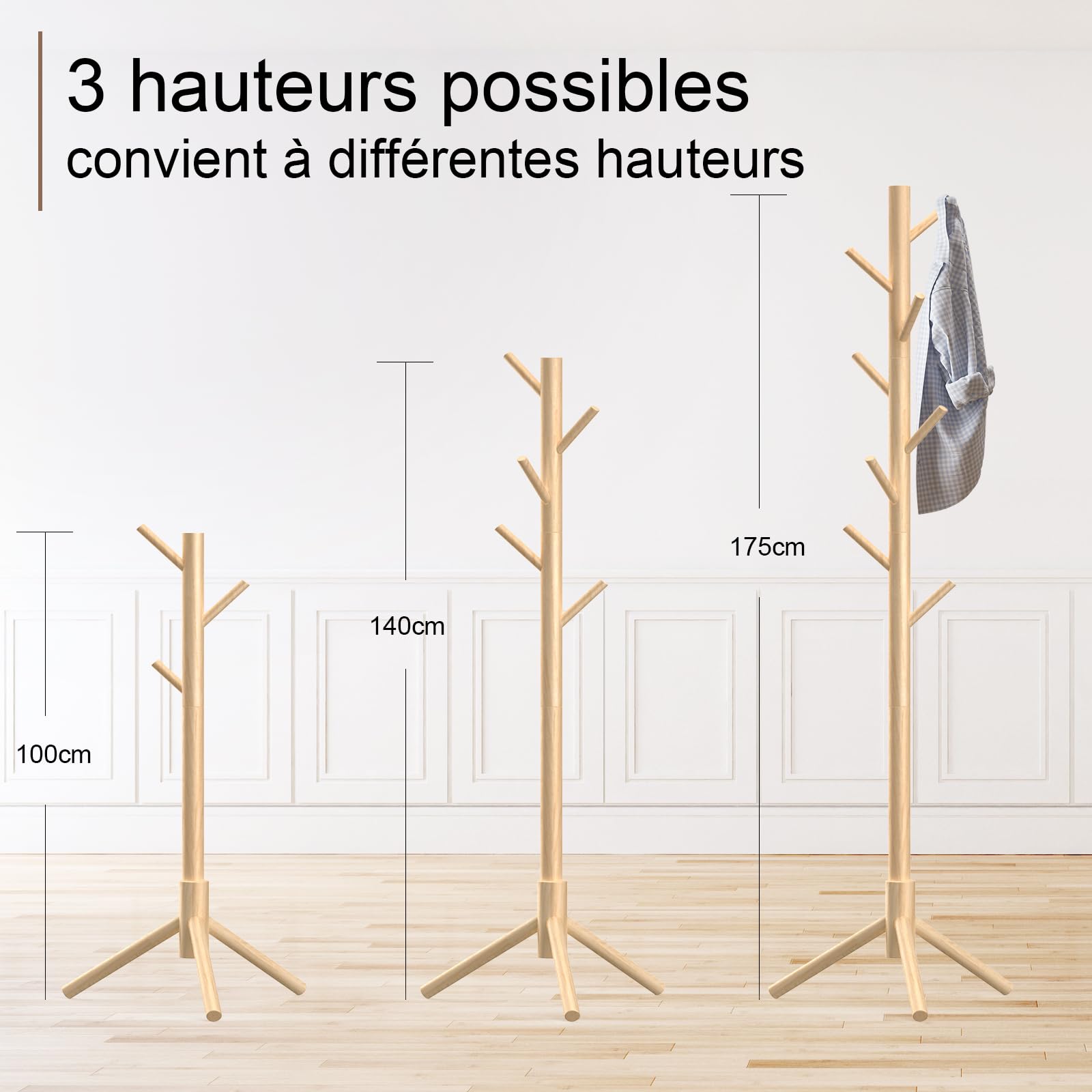 Kasunpul Porte-manteau en bois 175 cm avec 8 crochets, porte-vêtements réglable, autoportant en arbre pour la chambre, le couloir, le bureau, les vêtements, les chapeaux (Bois Naturel)