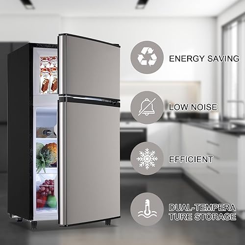 Miniatura 2 de WANAI Mini refrigerador de 3.5 pies cúbicos con congelador de doble puerta con termostato ajustable de 7 niveles para dormitorio, oficina, cocina,