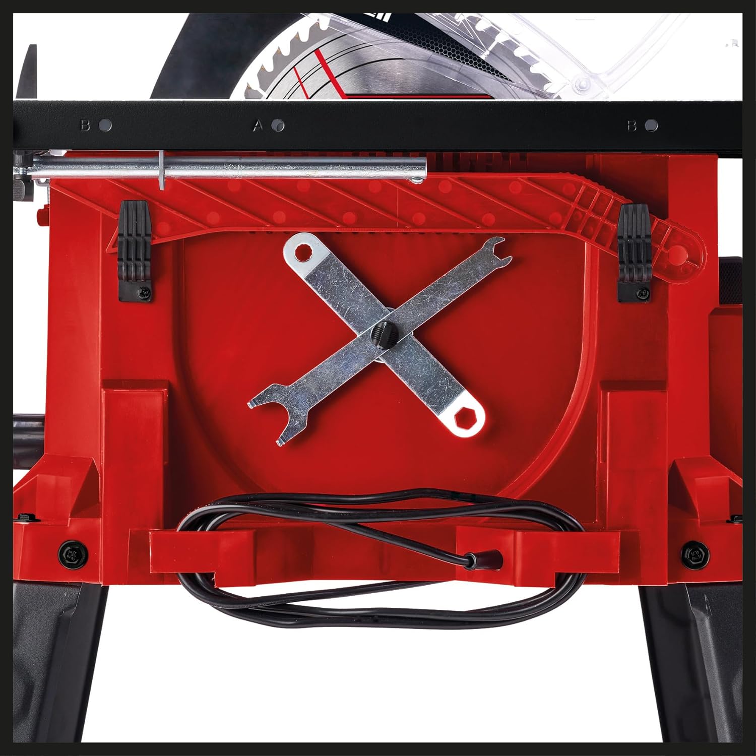 Underside of Einhell Table Saw showing integrated tool storage