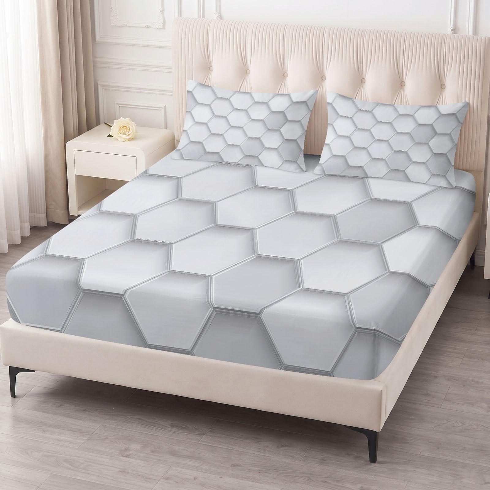 Prześcieradło z gumką na łóżko Super King 180 x 200 cm, super miękkie, oddychające, łatwe w pielęgnacji – nowoczesne prześcieradło 3D, kieszeń o głębokości 30 cm, szare, geometryczne, sześciokątne, o
