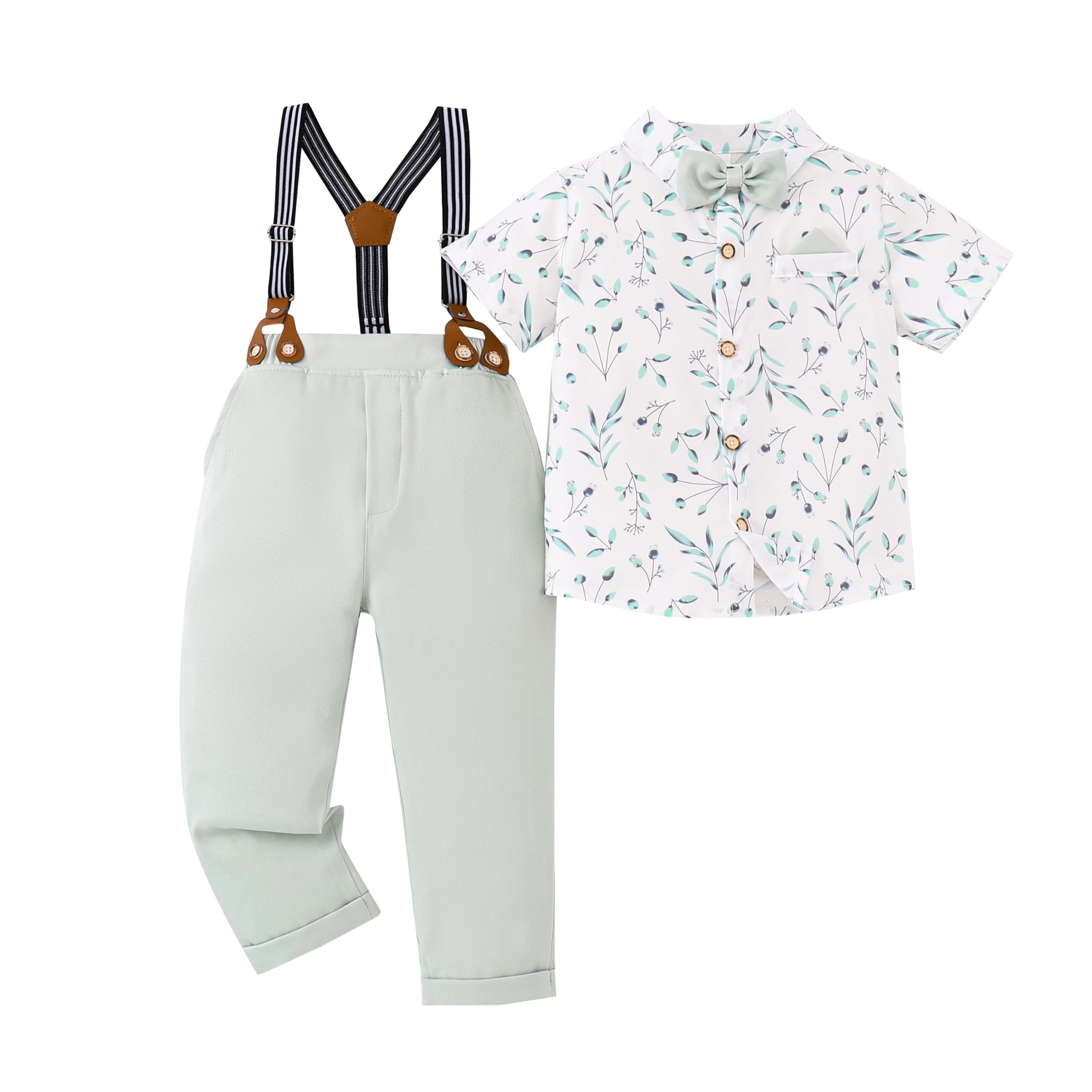 Baby Toddler Boy Formal Gentleman Suits,Dress Short Shirt With Bowtie+Suspender Pants Dressy Outfit