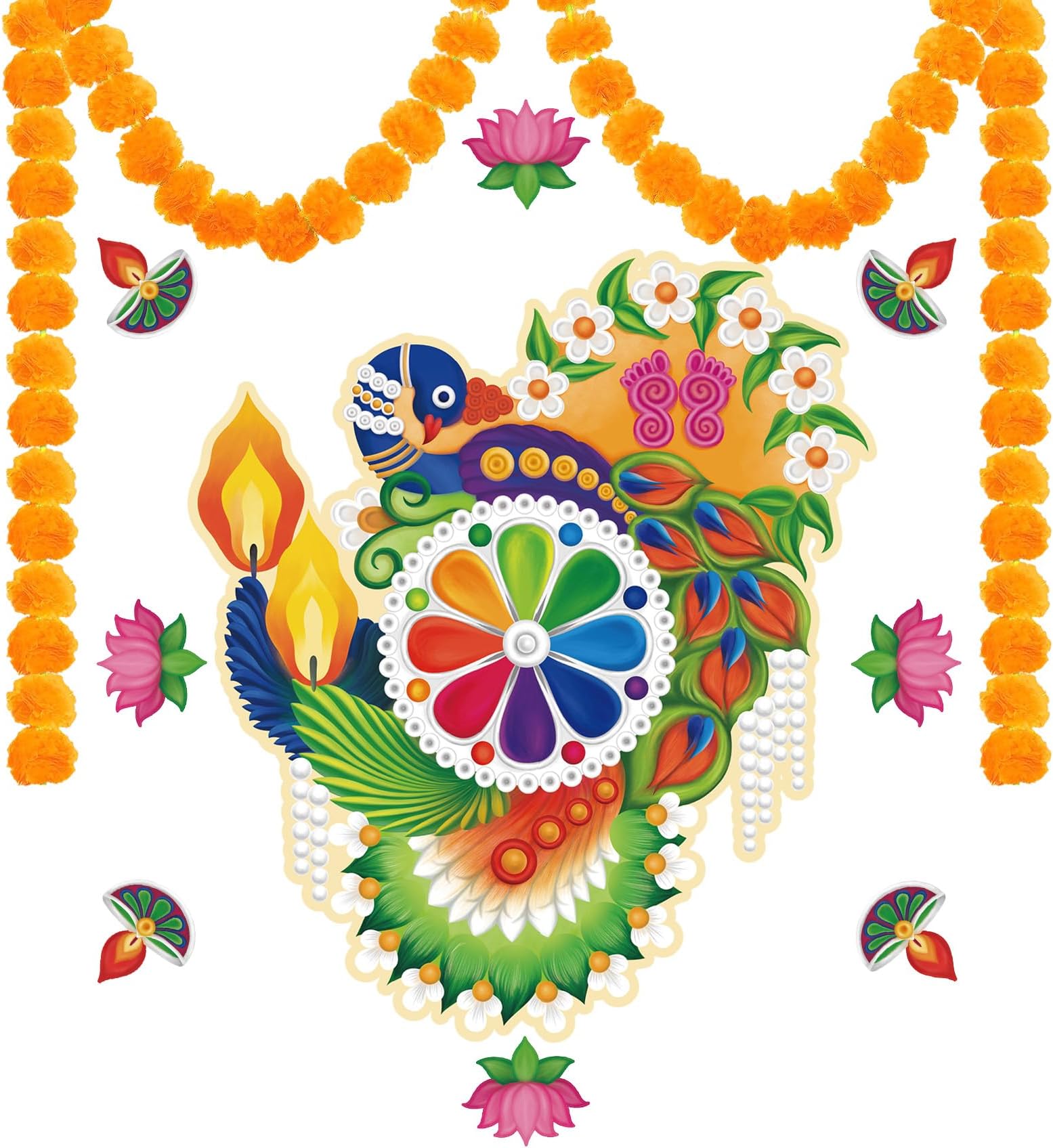 Diwali Decoration for Home Gifts- Diwali Rangoli Stickers for Floor Diwali Diya for Decoration with Diwali Decor 2 Marigold Garland for Indian Diwali Gifts