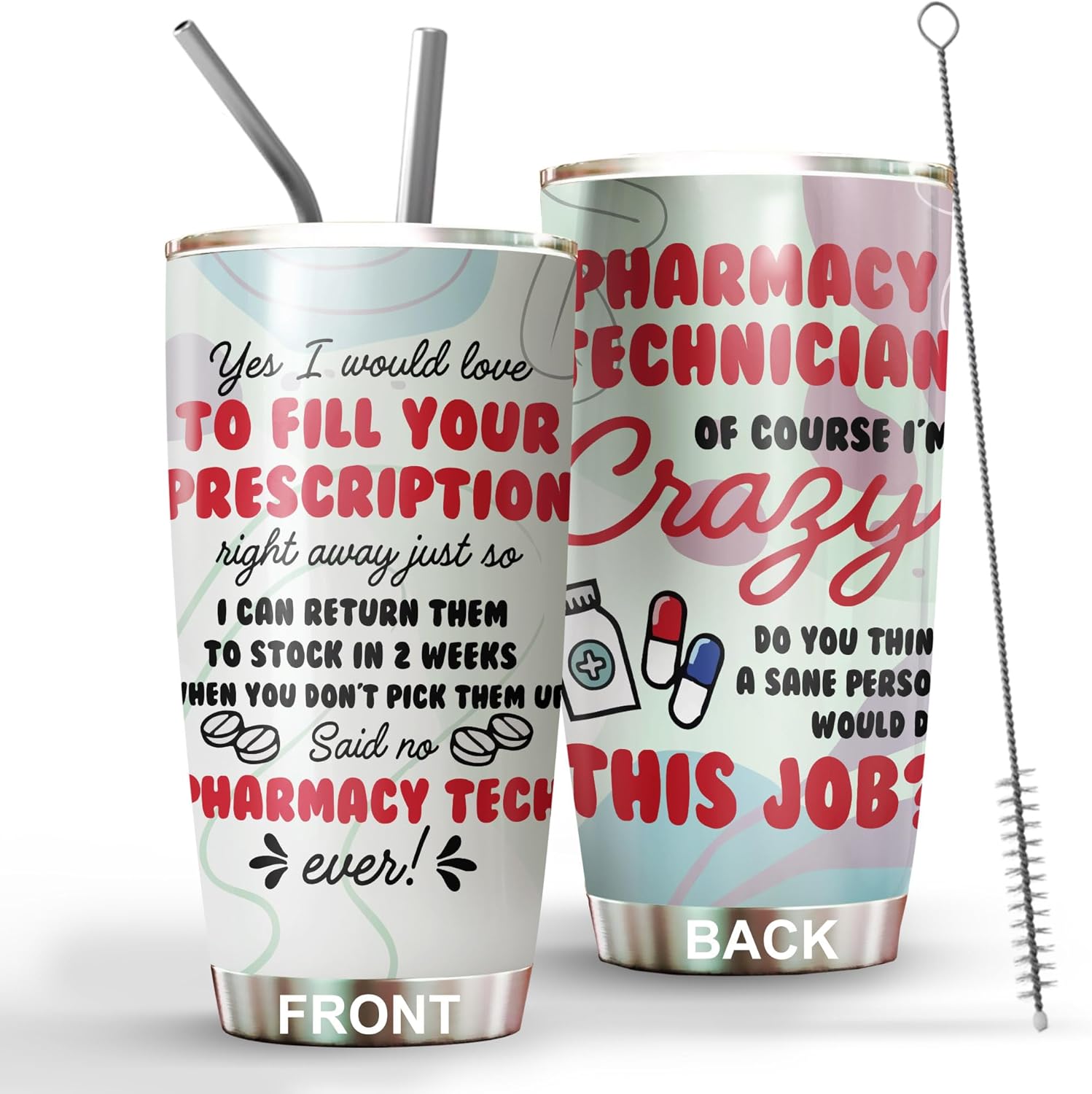 Pharmacy Tech Tumbler Stainless Steel 20oz Straw Lid, Funny Pharmacy Technician Gifts Bulk For Birthday Christmas, Pharmacy Tech Week Gifts For Women Men, Pharmacy Coffee Cup