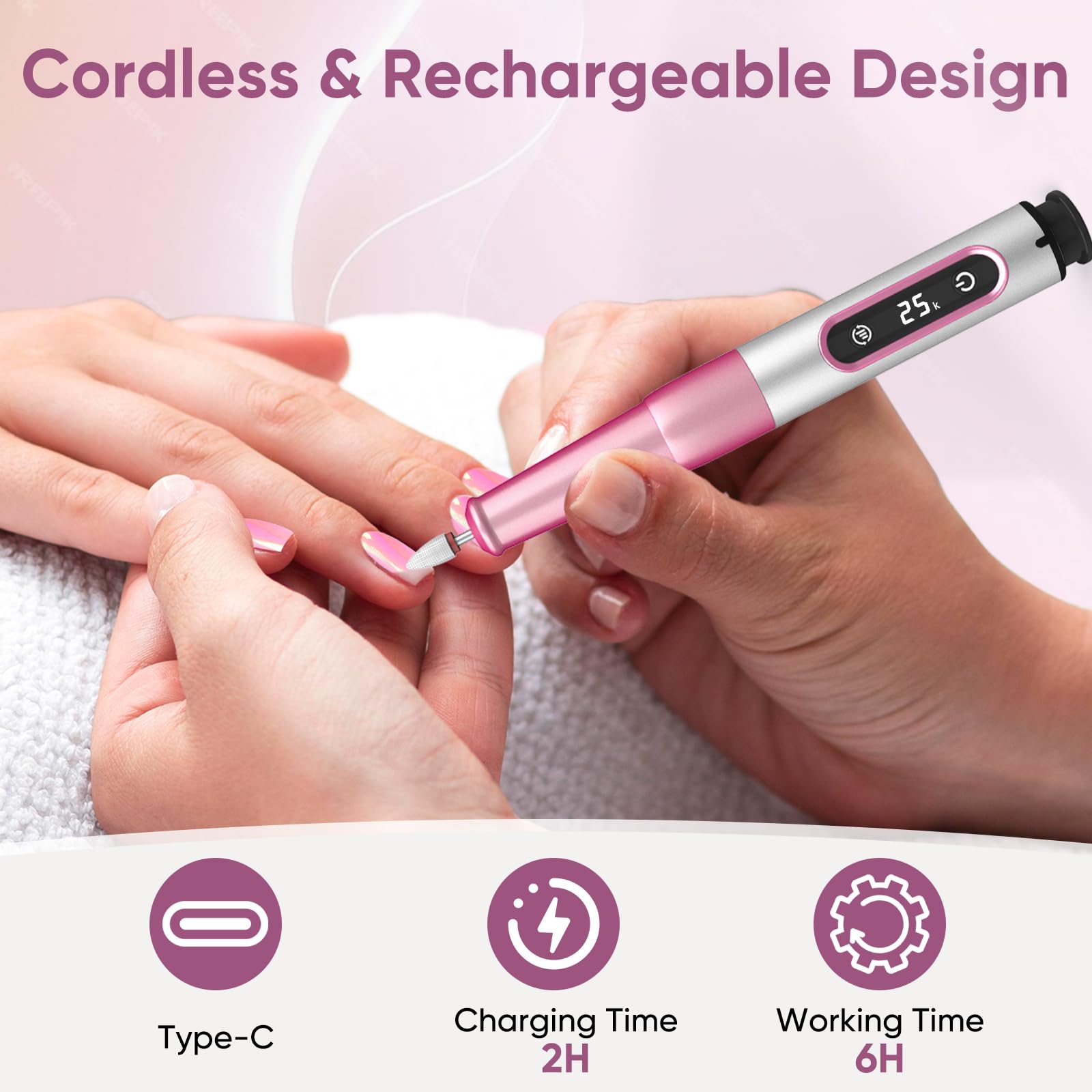 Oukzon Electric Nail Files Cordless, 13 in 1 Electric Nail Drill 25000RPM 5 Speeds - Image 2