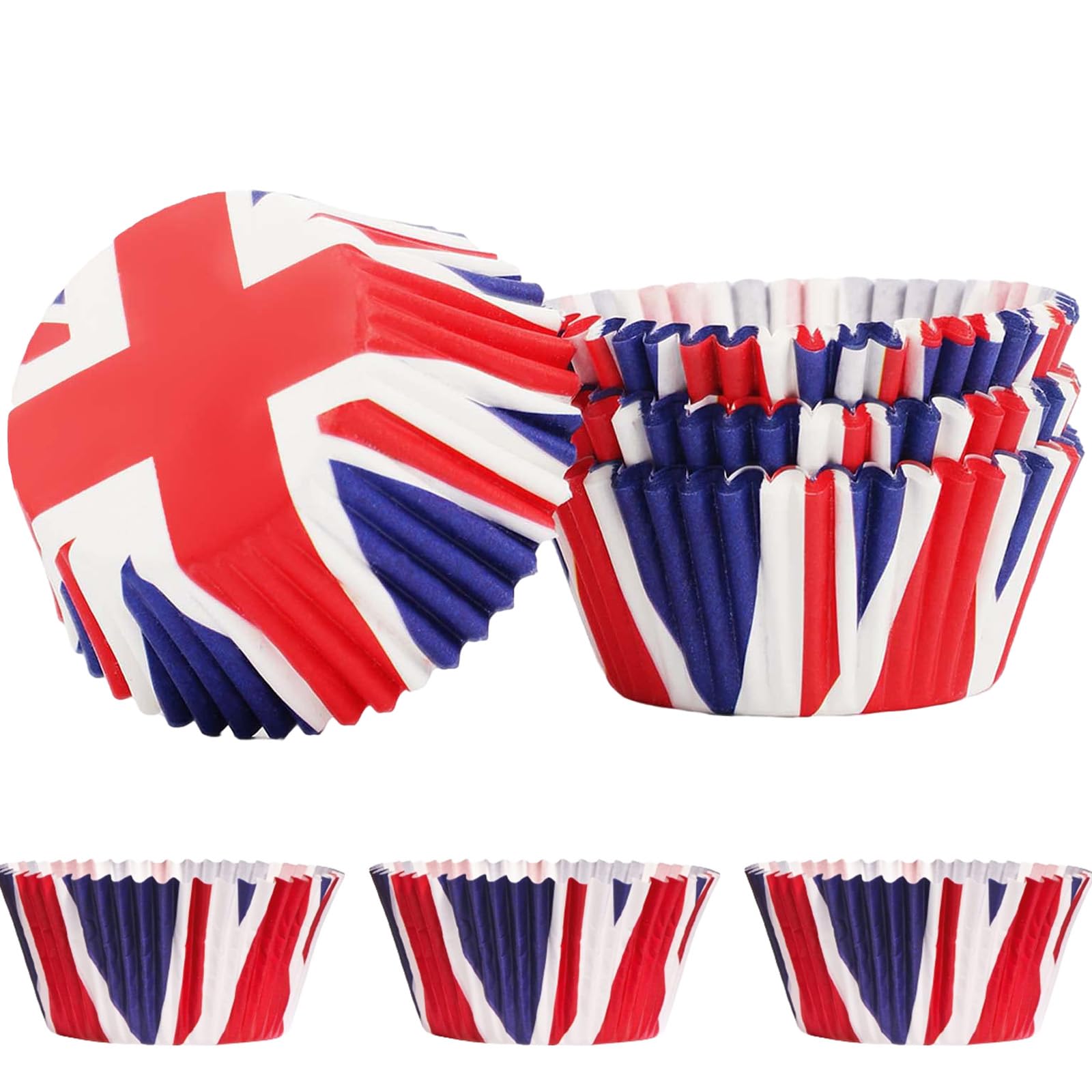 MORAINJAY 100pk Union Jack 80th VE/VJ Day Anniversary Cake Cups,British Flag Paper Baking Cases Muffin Cases,Non-Toxic Odorless,Standard Size Patriotic Party Supplies