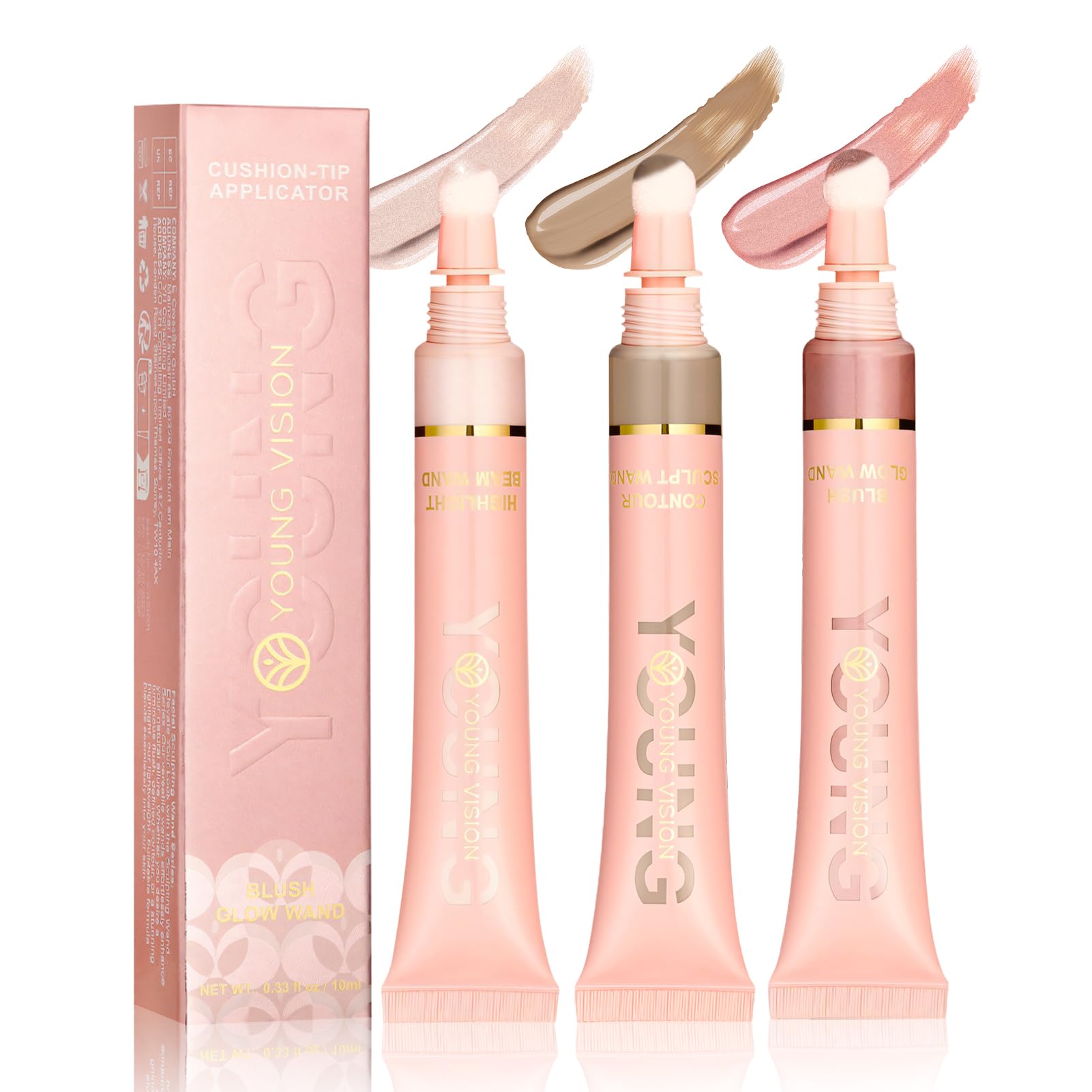 Bronzer/Blush/Iluminador Liquido Stick, 3 Piezas Contorno Maquillaje, Beauty Blush con Esponja, Acabado Mate Natural Suave y Duradero