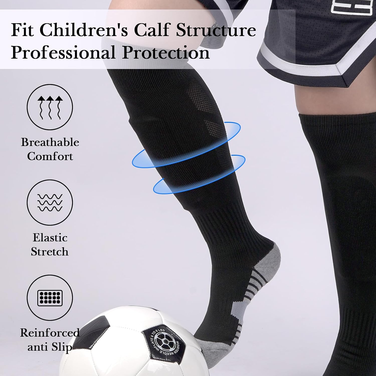 Linkidea Kids Soccer Socks with Shin Guards, 2 Pairs Breathable Knee High Socks with Lightweight Shin Pads, Long Sleeve Cushion Socks for Child 7-9 Years Over The Calf Soccer Socks (Black, M)