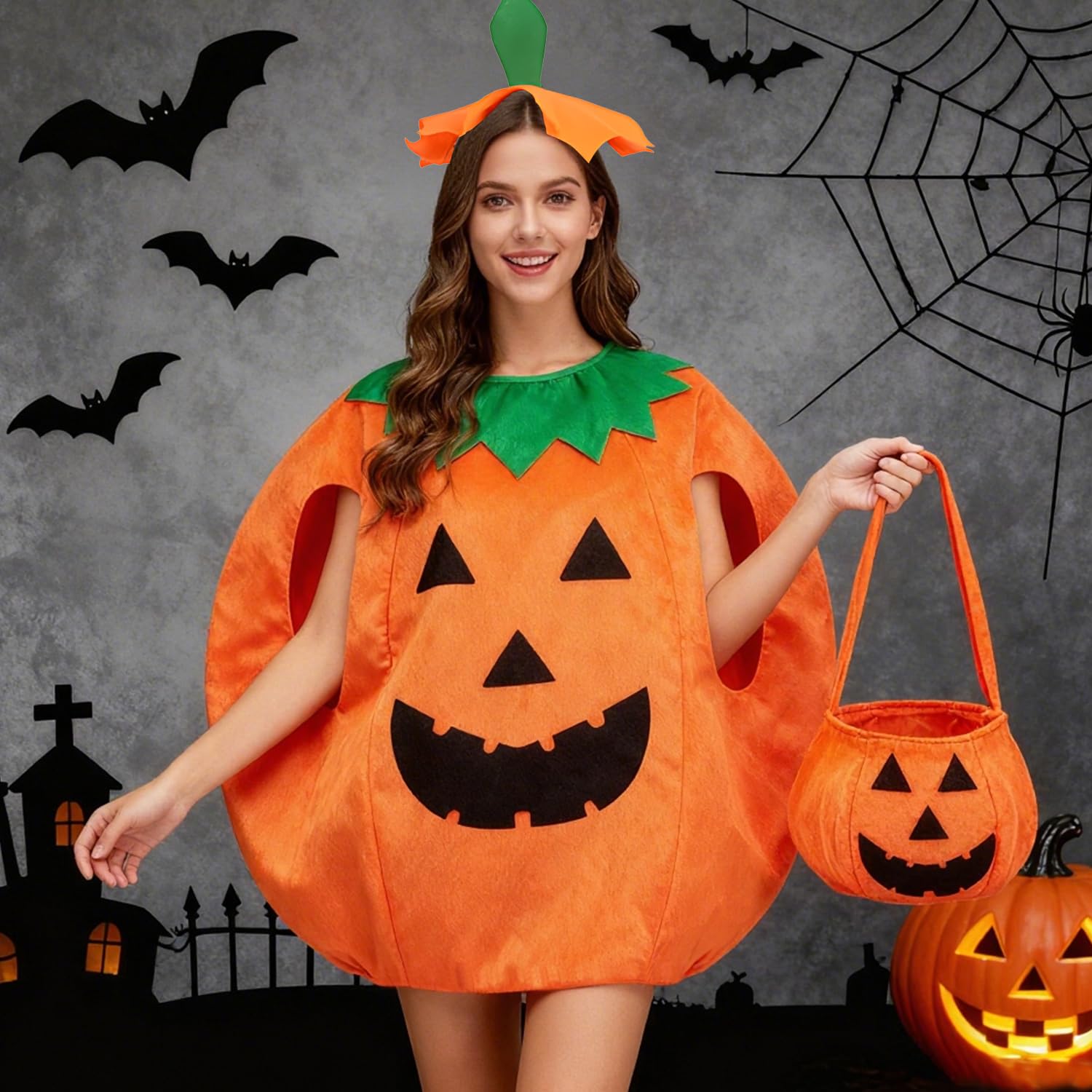 RUGBOL Pumpkin Costume, Adults Halloween Costumes Pumpkin Fancy Dress Costume Hat Party Cosplay Props for Women Men - Image 3