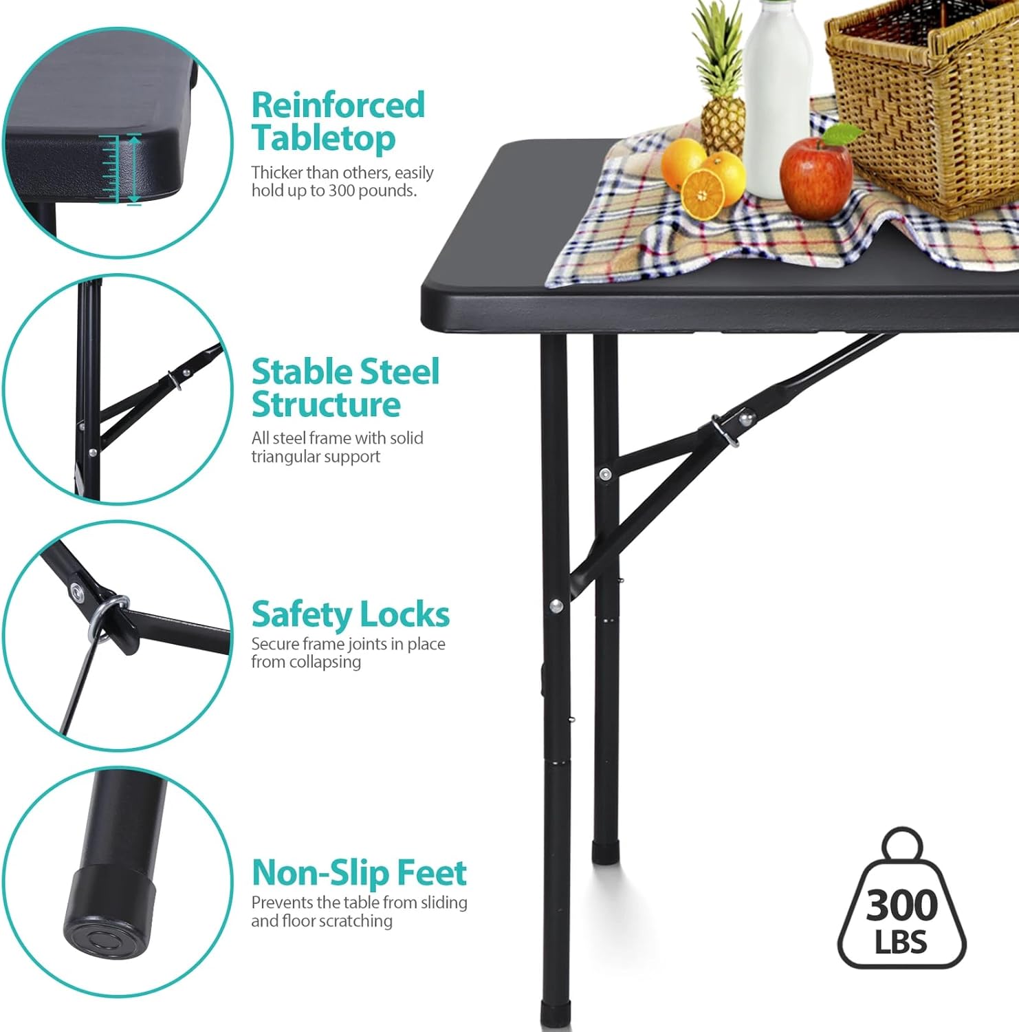 4 Ft Portable Folding Table, Indoor Outdoor Plastic Dining Table for Picnic, Party, Camp
