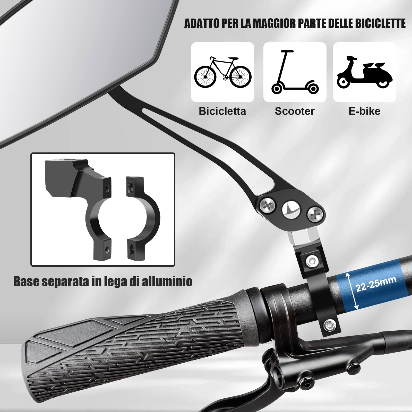 Specchietti per Bicicletta, [1 Pcs,Sinistra]Diyife Specchietto Retrovisore, Girevole a 360° Specchietto Bici,Regolabile Specchietto per Monopattino Elettrico, Moto, Bici