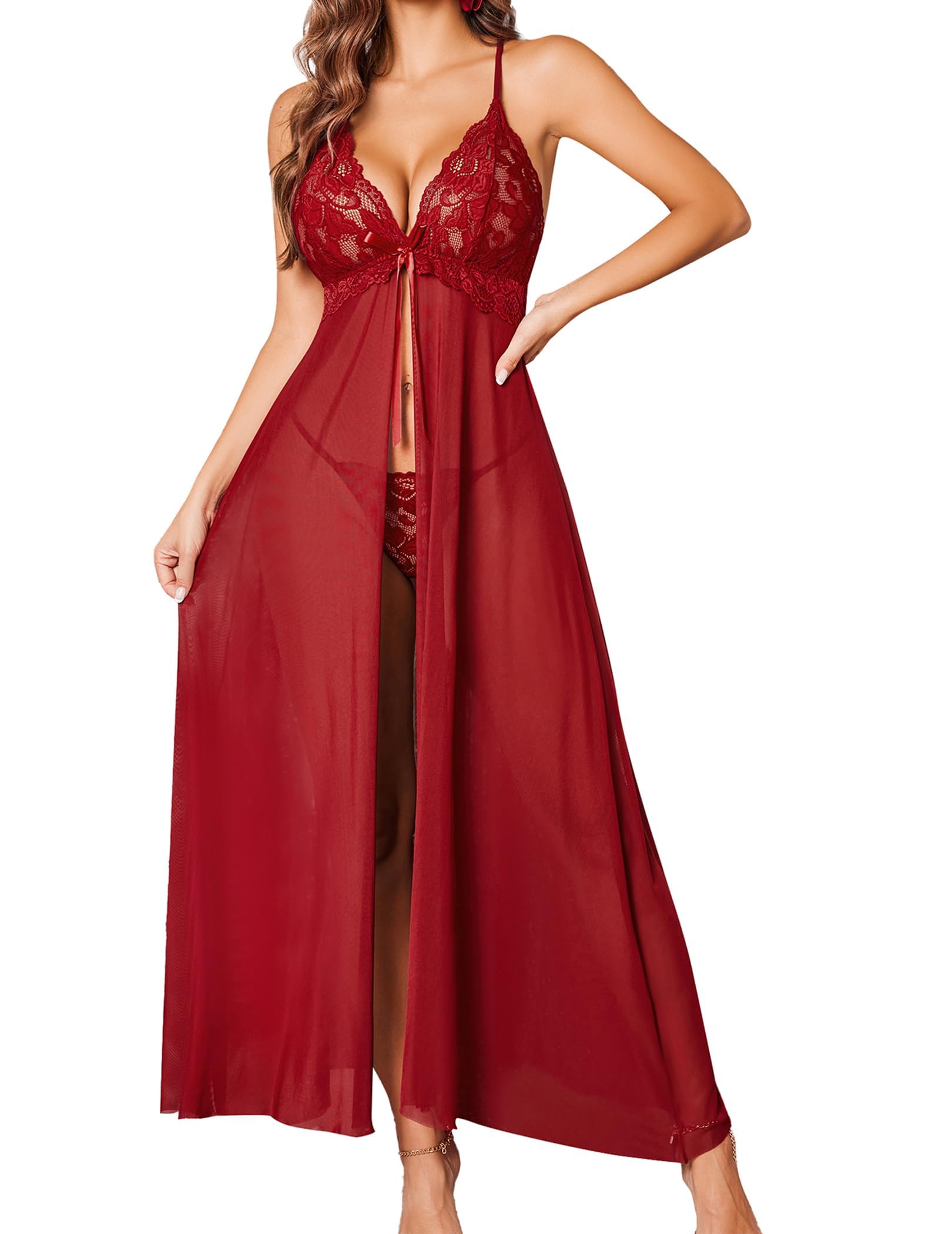 SSoShHub Women Lingerie Lace Babydoll Dress Open Front Sleepwear Long Sheer Nightgowns V Neck Nightwear for Wife, Women Wedding Valentine Special Night Occasion Festival