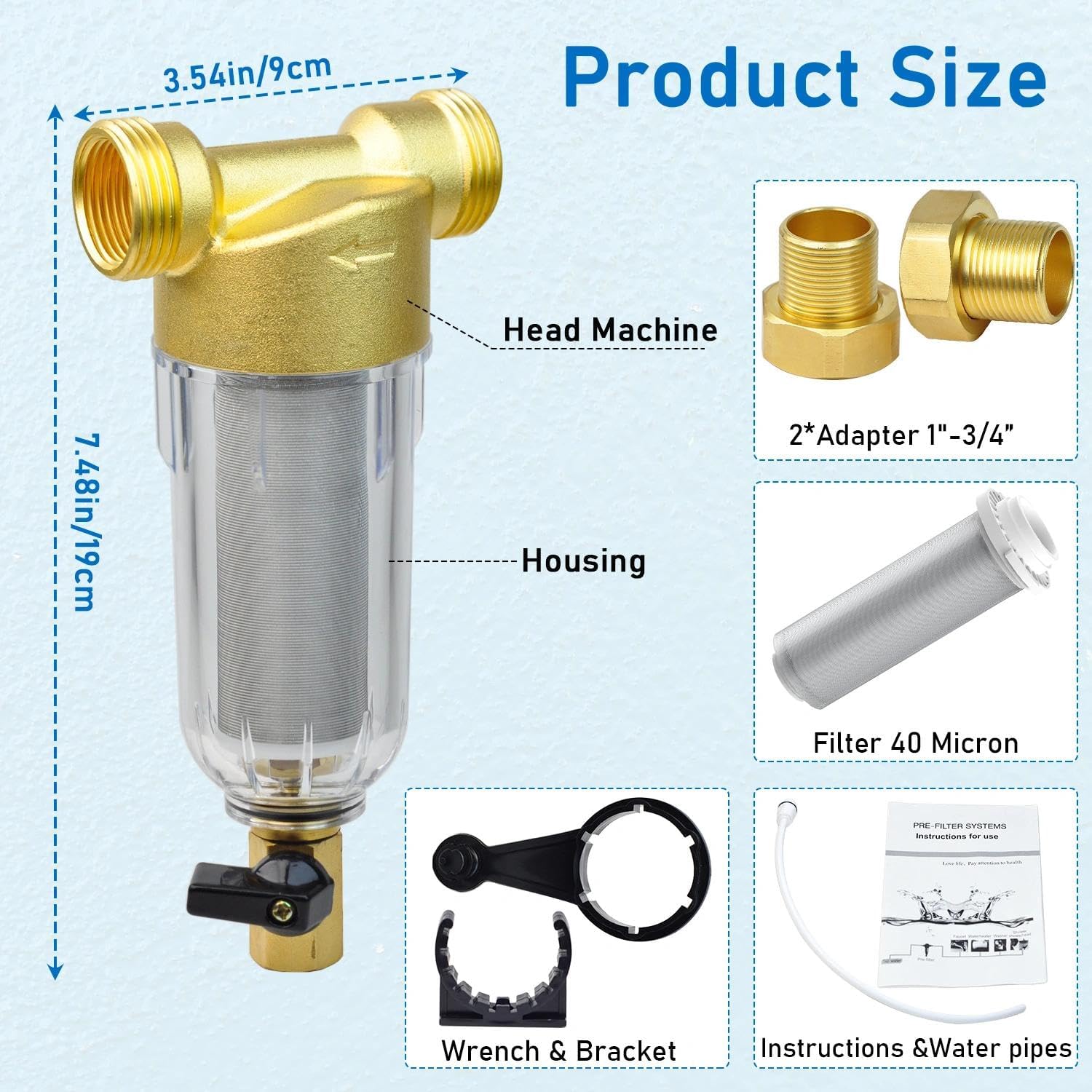 Spin Down Sediment Filter System for City/Well Water, Reusable Whole House Sediment Water Filter, 40-60 Micron, 1" MNPT to 3/4" FNPT & MNPT, Home Pre-filtration System