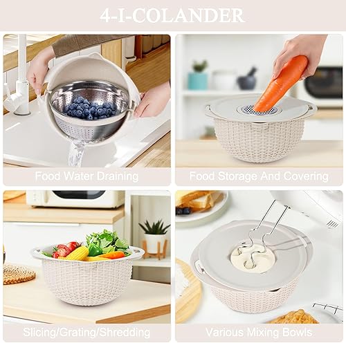 Miniatura 2 de Juego de colador 4-1 con tazón para mezclar, coladores y coladores de alimentos para cocina, colador de arroz para pasta, lavado de frutas y