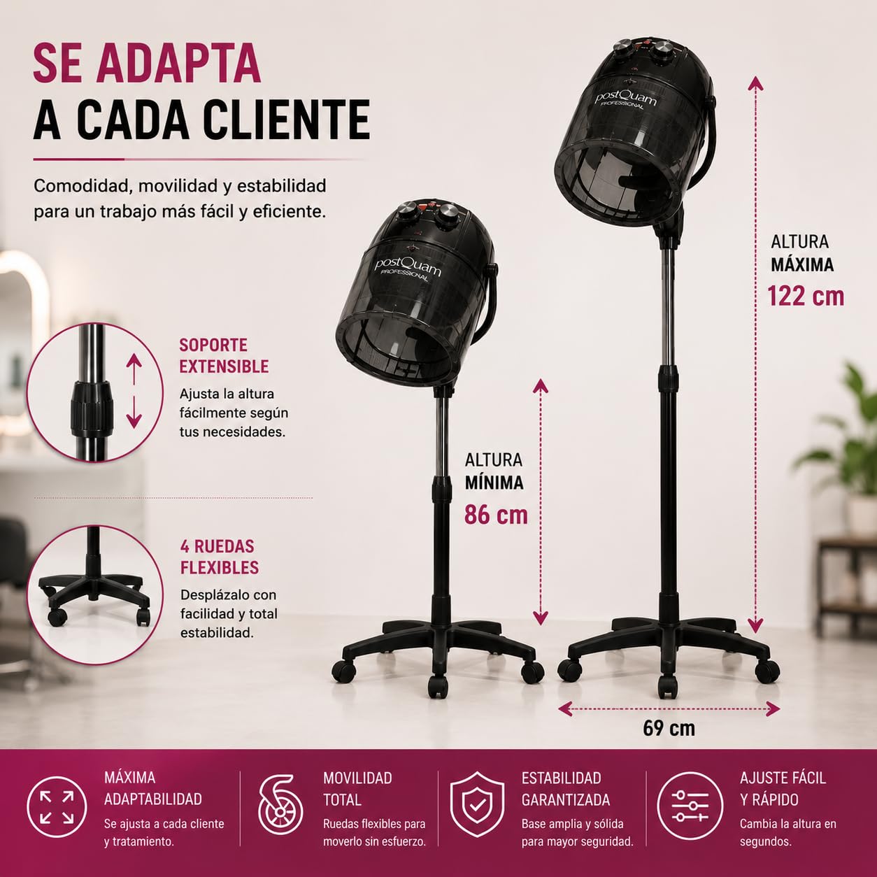 PostQuam – Sèche-cheveux à casque sur pied avec thermorégulateur et minuterie – Capot en plastique fumé avec couvercle – Hauteur réglable (86-122 cm) avec roulettes – Usage professionnel