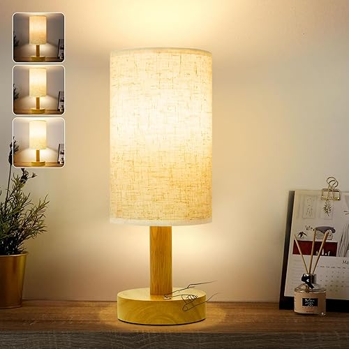 Miniatura 14 de Lámpara de mesita de noche pequeña para dormitorio, base de madera redonda natural y pantalla de lino de tela, acogedora luz de mesa nocturna