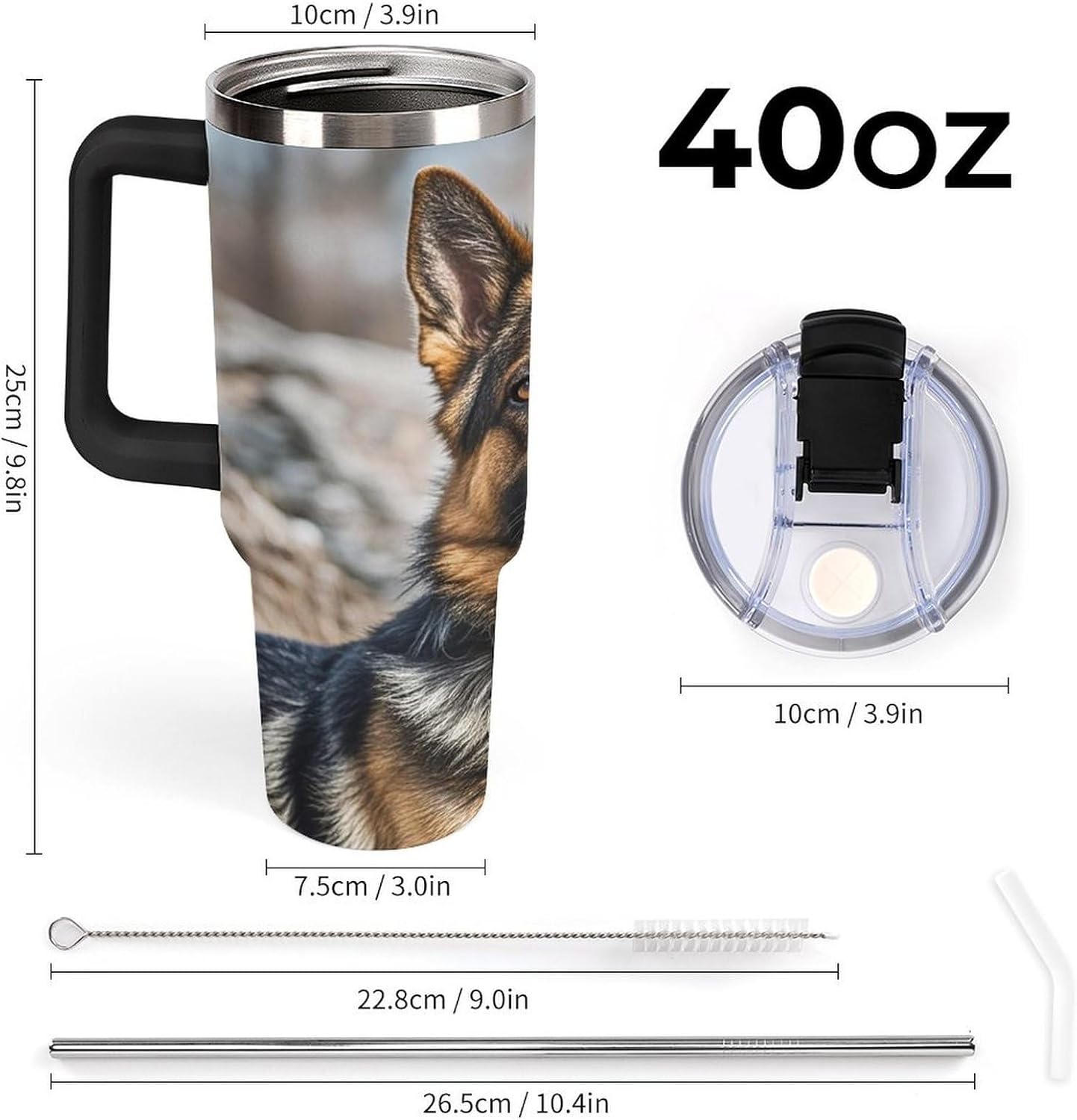 German Shepherd Dog Tumbler 40 Oz with Handle&Lid Large Car Cup Stainless Steel Vacuum Travel Mug Insulated Water Bottle Leak-proof Portable Coffee Cup for Home Car Outdoor