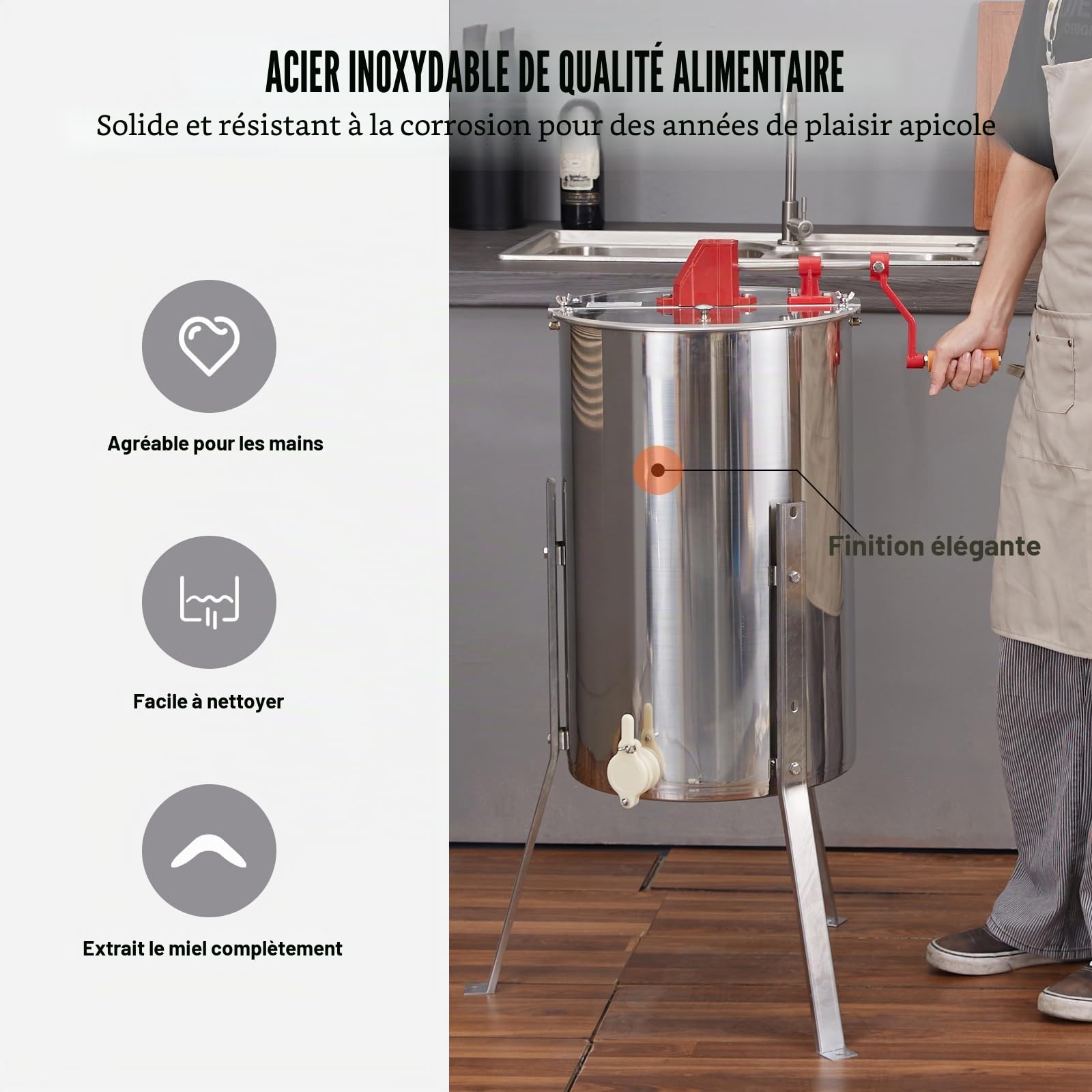 VEVOR Extracteur de Miel Manuel 2/4 Cadres Centrifugeuse Séparateur Miel en Acier INOX avec Couvercle Taille du Nid d'Abeilles Adaptée Profond 48x23 cm Moyen 48x16 cm Hauteur Réglable pour Apiculture