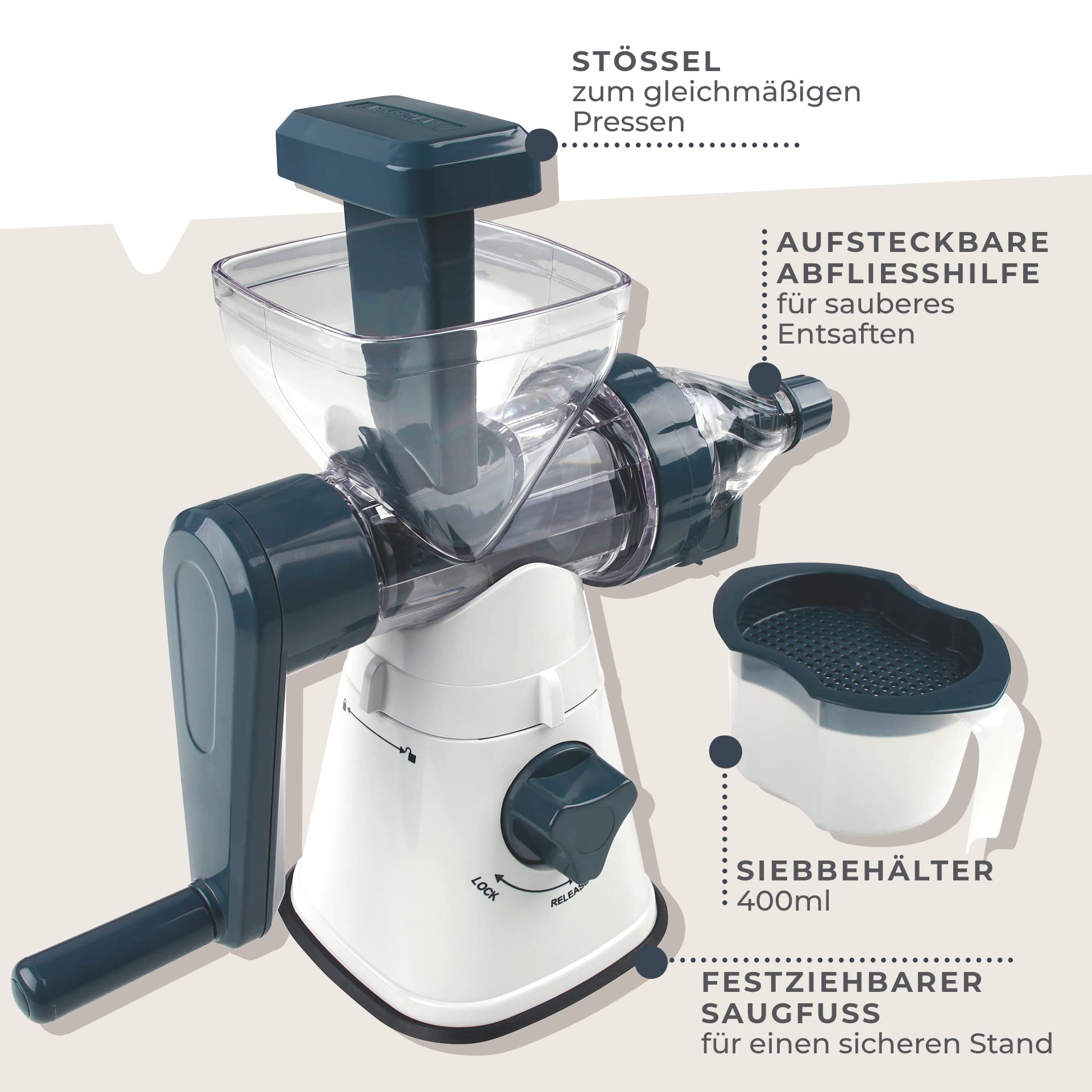 Fackelmann #easyprepare Saftpresse für Obst und Gemüse – Fruchtsaftpresse zum einfachen Entsaften – Manueller Entsafter inklusive Behälter mit Sieb (400 ml)