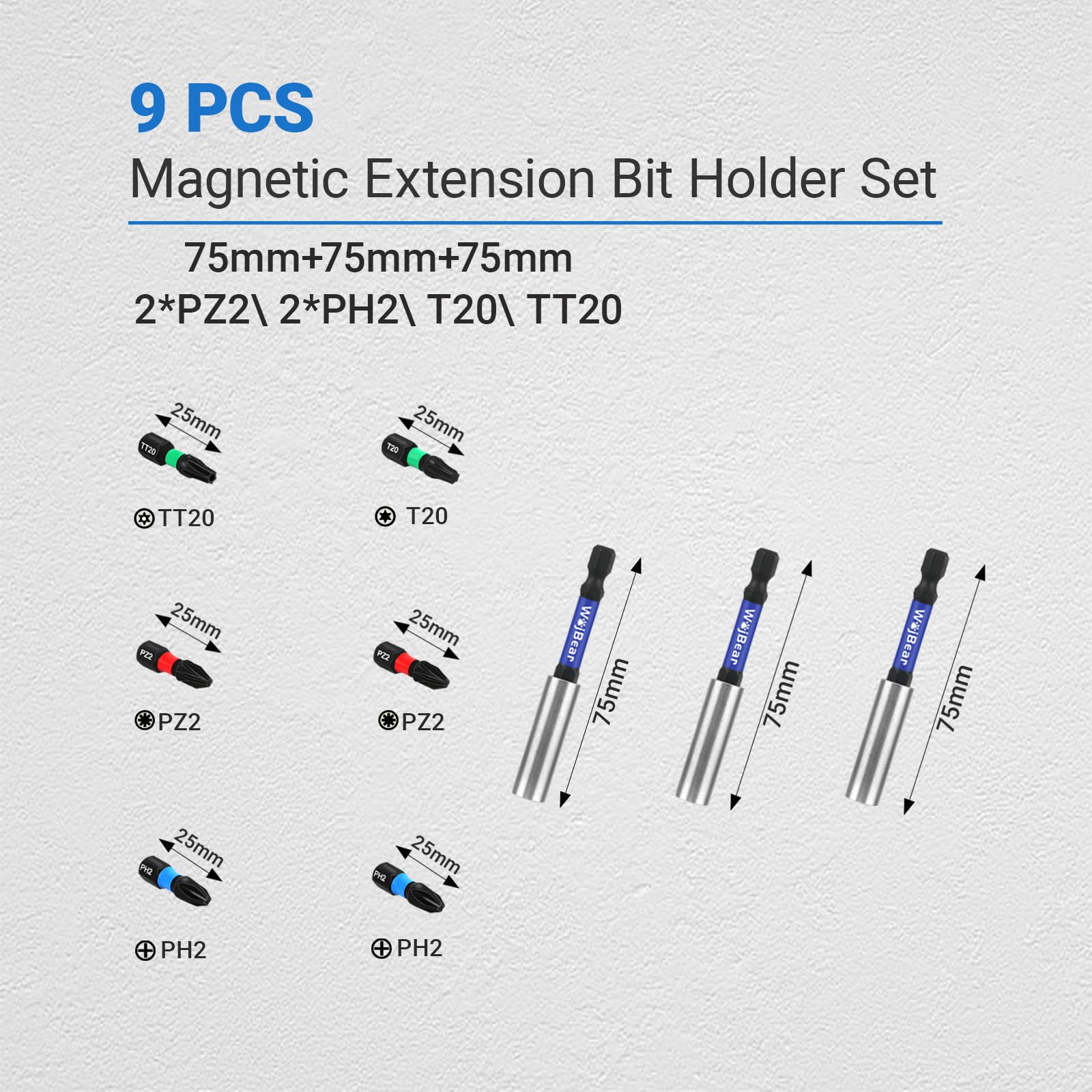 WojBear 3 PCS Magnetic Extension Bit Holder Set, 3 * 75mm Drill Bit Holder for Impact Driver with 6 PCS Screwdriver Bits - Image 2