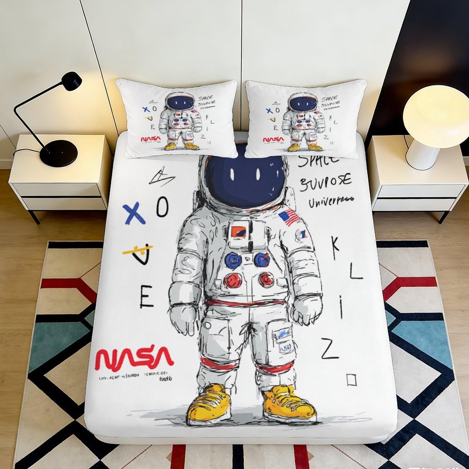 3D Printed Astronaut Fitted Sheet Microfiber Deep Pocket Non-Slip Bedding for Bedroom Space Astronaut Mattress Fitted Cover 200x200x25cm 90x200x25cm