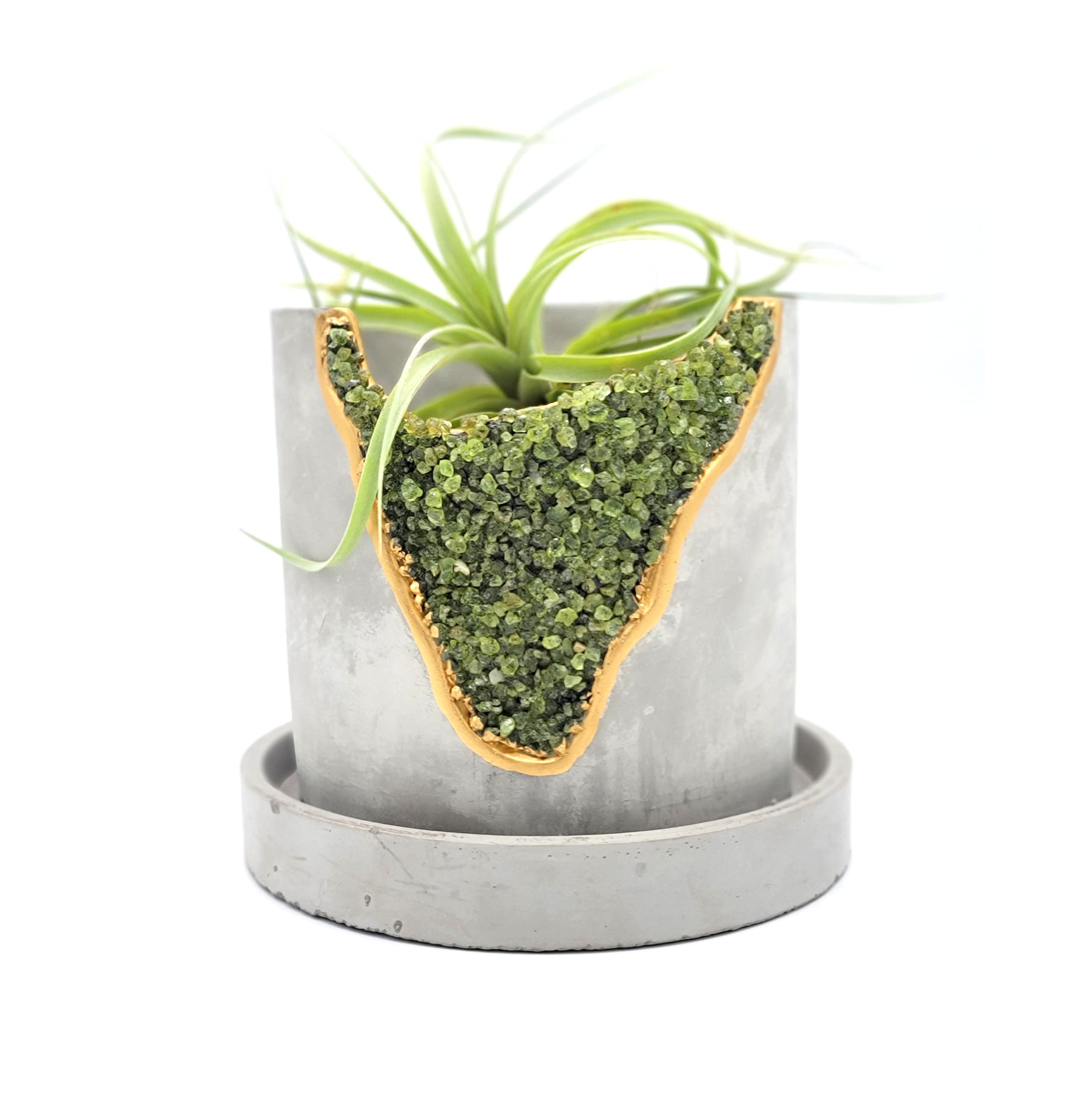4 Inch Crystal Plant Pot with Saucer - Cement Geode Planter - Concrete Pots for Plants - Modern Succulent Pot Indoor - Unique Air Plant Holder - Candle Holder - Small Plant Home Decor (Green Peridot)
