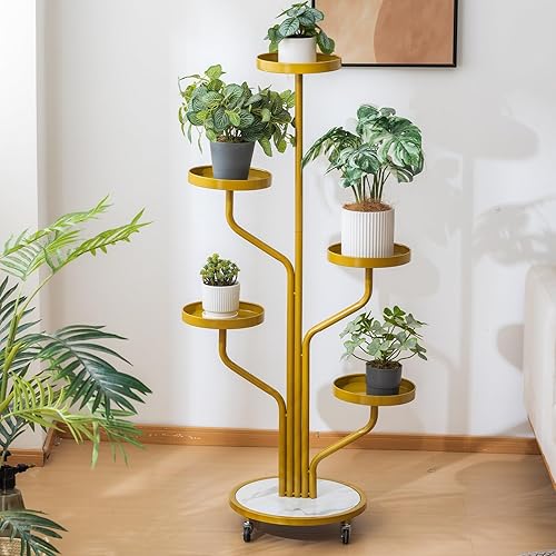 Miniatura 2 de CHPHI Soporte de 5 niveles para plantas de interior de hierro forjado, soporte alto de metal para plantas con ruedas, estante de metal con 5