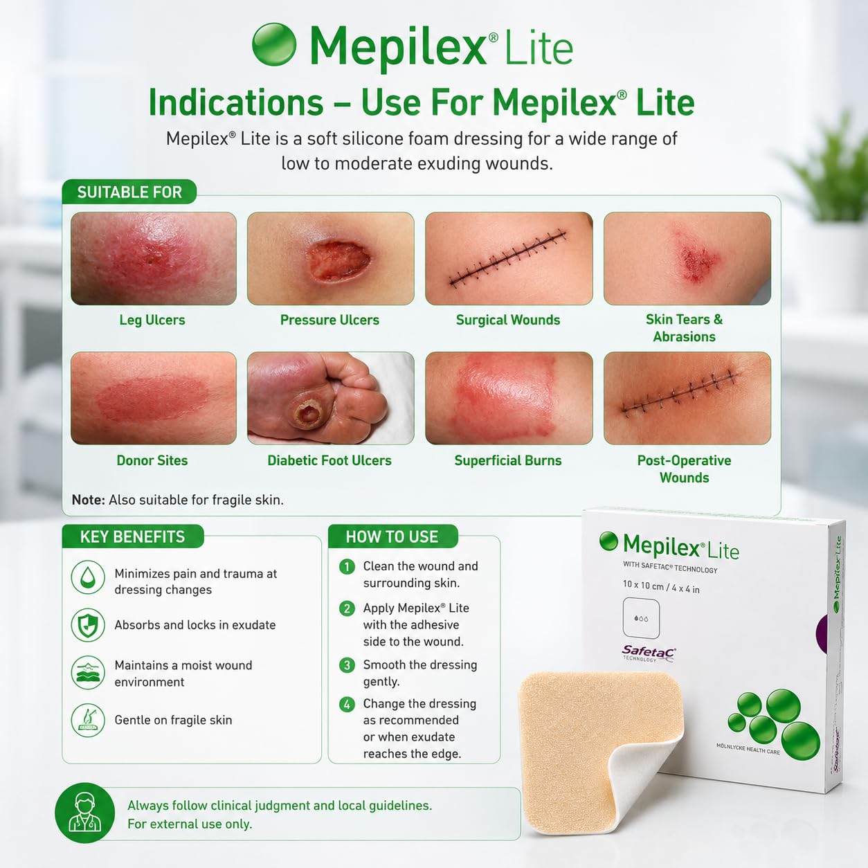 Mepilex Lite Foam Dressing Gentle Wound Care for Sensitive & Fragile Skin, Lightweight Moisture-Management Dressing, 10x10 cm, Pack of 2 — Amazon image 5
