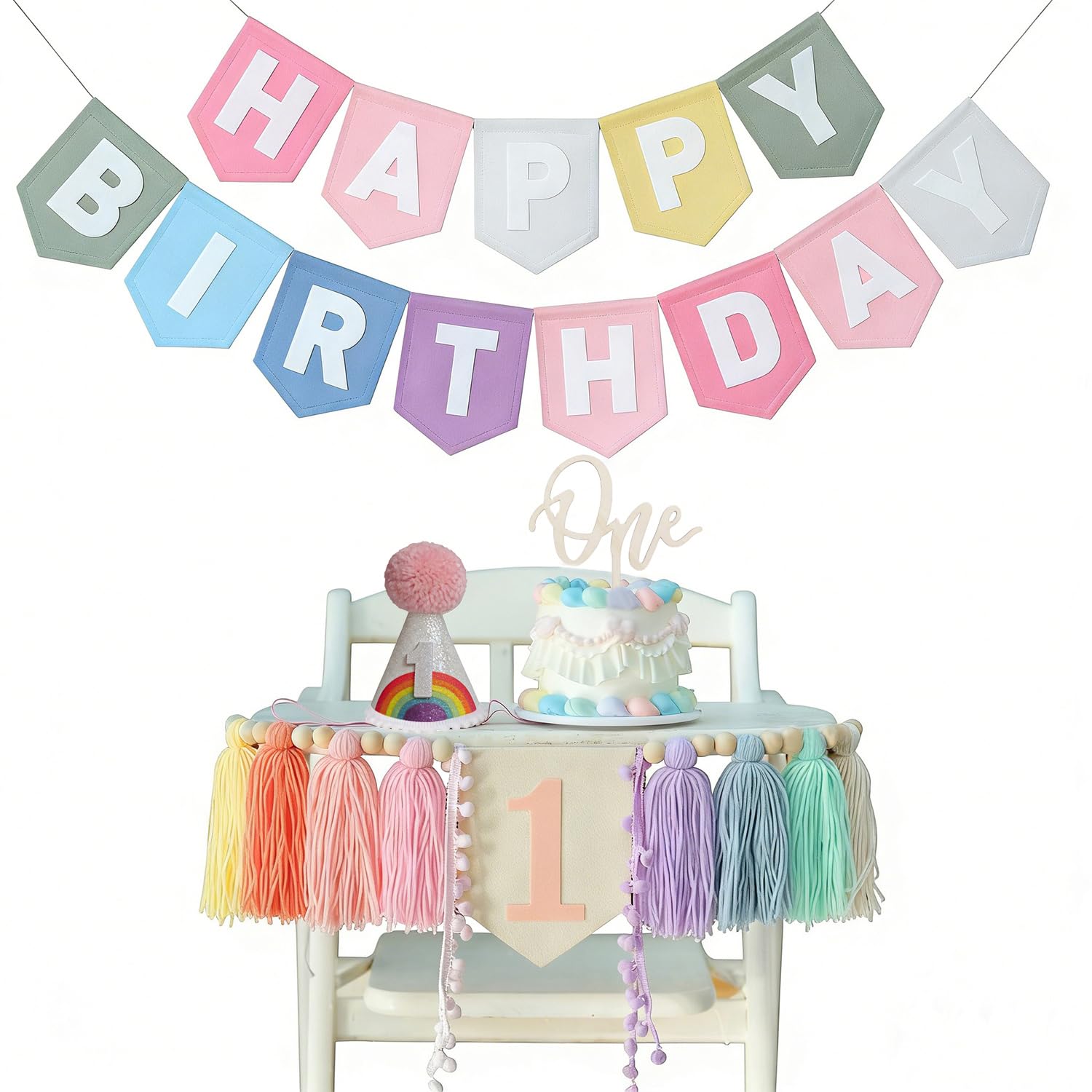 Pastel Rainbow 1st Birthday High Chair Decorations- Boho Macaron Felt Happy Birthday Banner First Birthday Highchair Banner With One Cake Topper & Party Hat, 1st Birthday Party Decorations — image 1