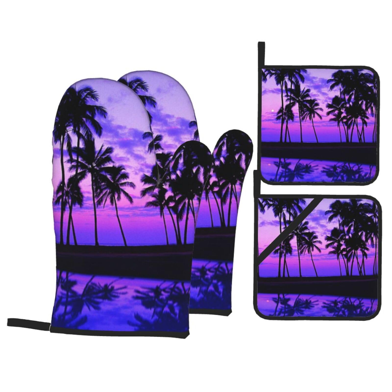 Palm Tree Purple Sunset Print Stylish Heat-Resistant Oven 4-Piece Set Kitchen Gloves Roasting Daily Cooking