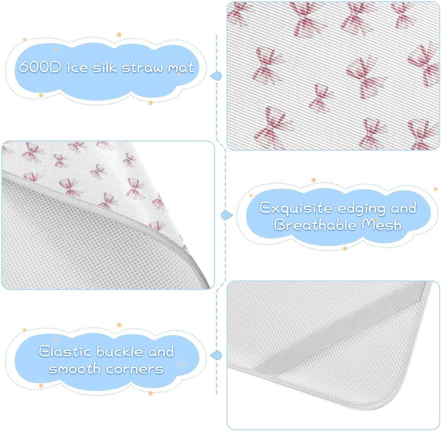 Baby Cooling Mat Pink Bows Ice Silk Breathable Mesh Summer Crib Mattress Pad with Pillowcase, Soft Cooling Sleeping Surface for Infant & Toddler, 52"x28"