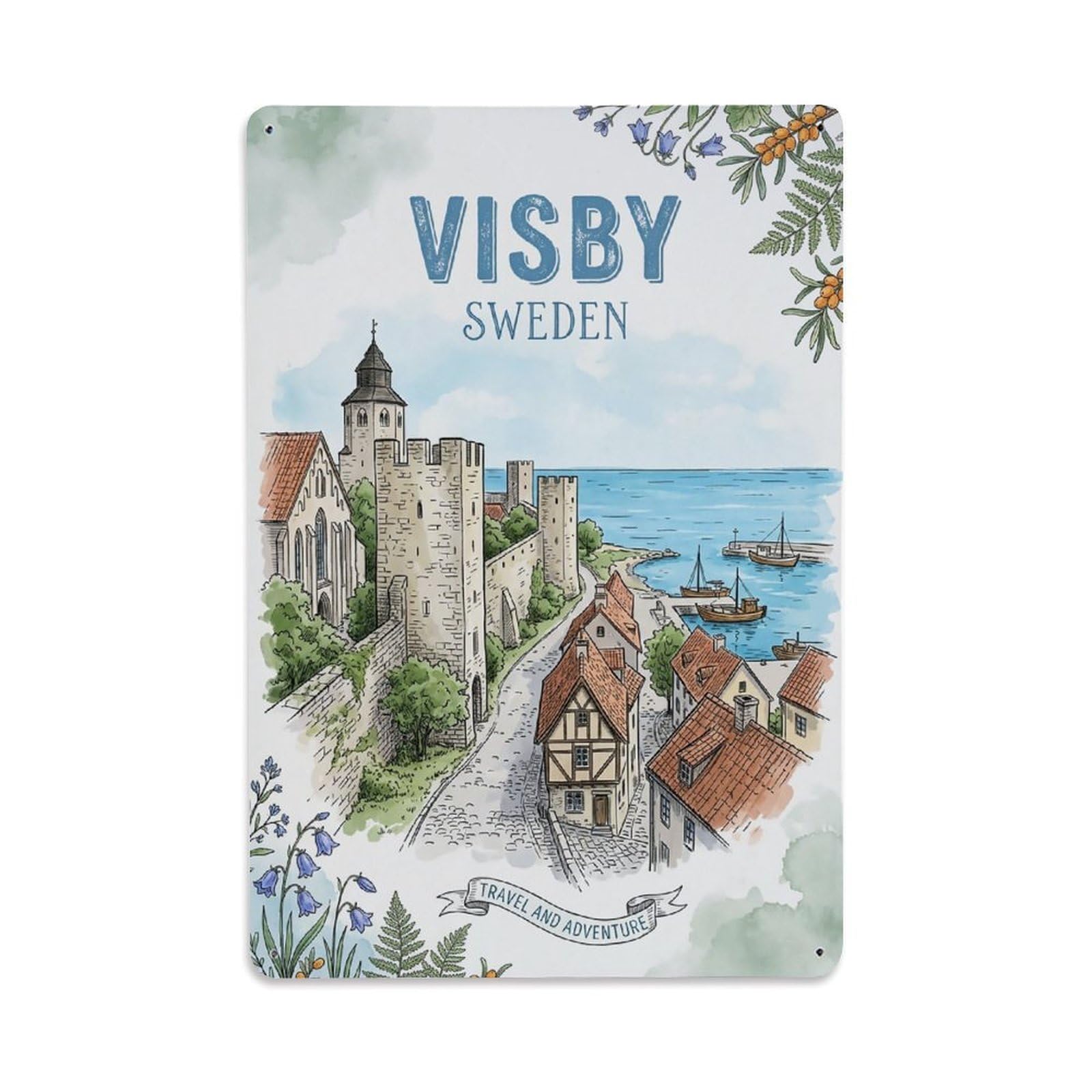 Vintage Travel Visby Sweden Illustration Metal Tin Sign