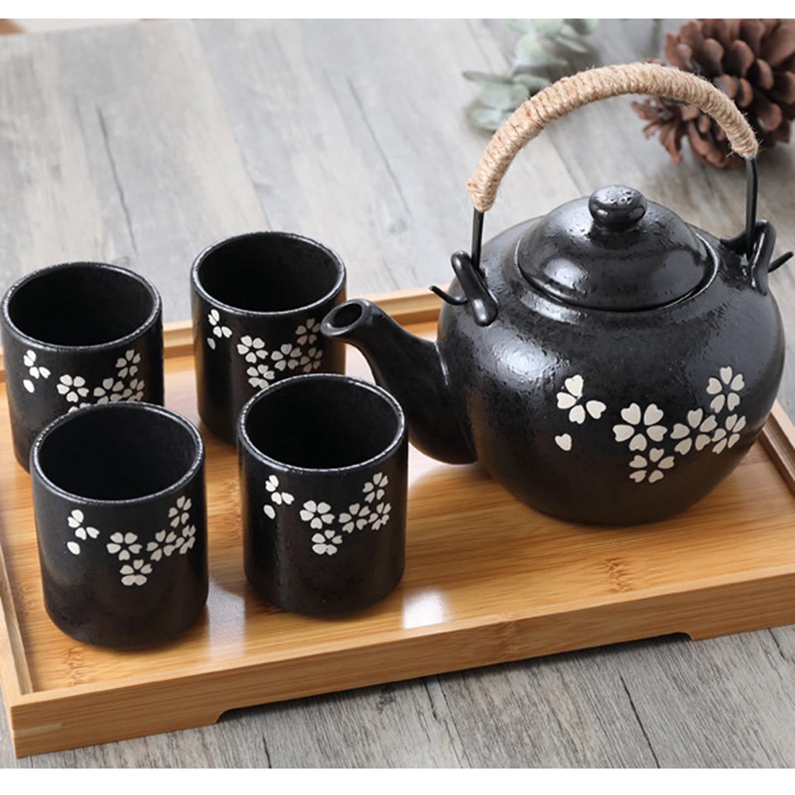 fanquare Service à Thé Japonais Kungfu avec Infuseur, Service à Thé à Motif de Fleurs de Cerisier Blanches, Théière en Porcelaine Faite à la Main avec Plateau à Thé en Bambou pour 4