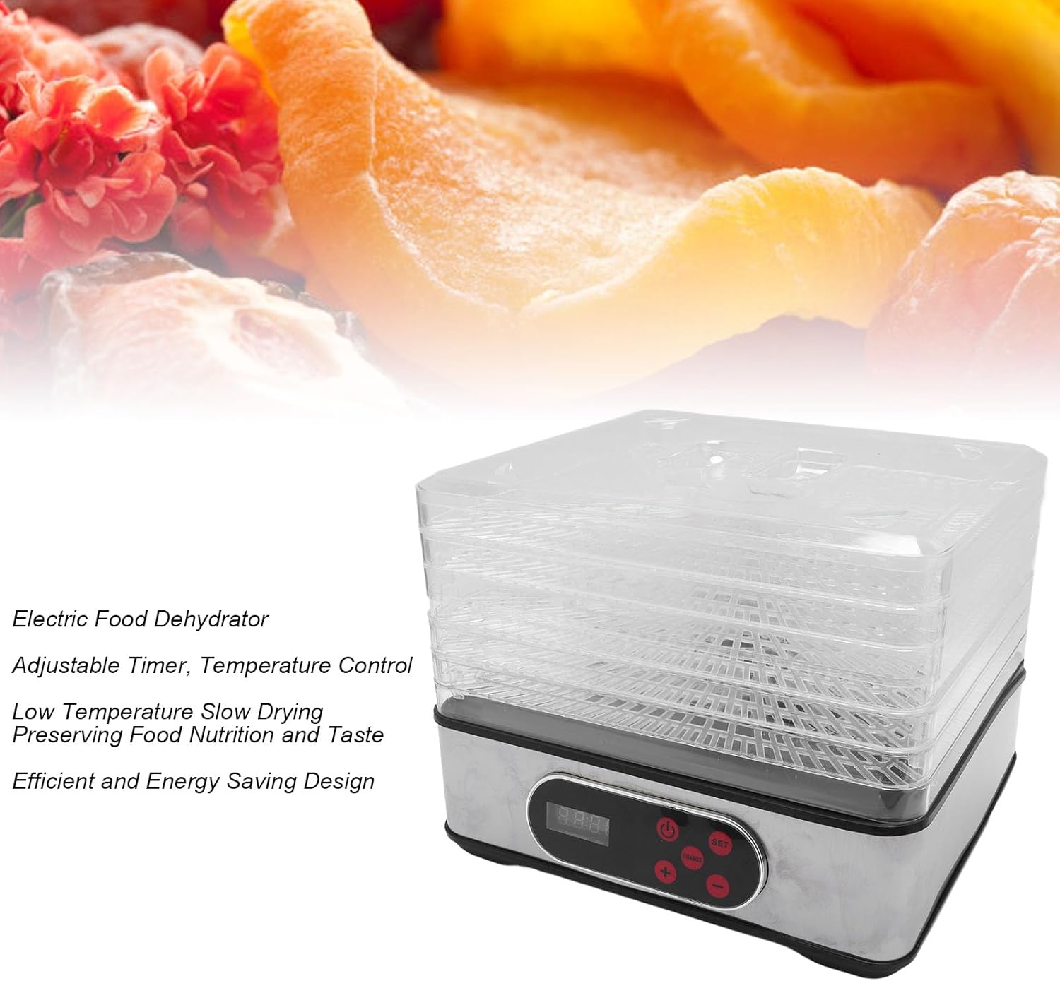 Luqeeg Food Dehydrator, Adjustable Timer and Temperature, Compact Design, Electric Drying Machine for Meat Beef Fruits Vegetables, Suitable for Home and Small Kitchen (A)