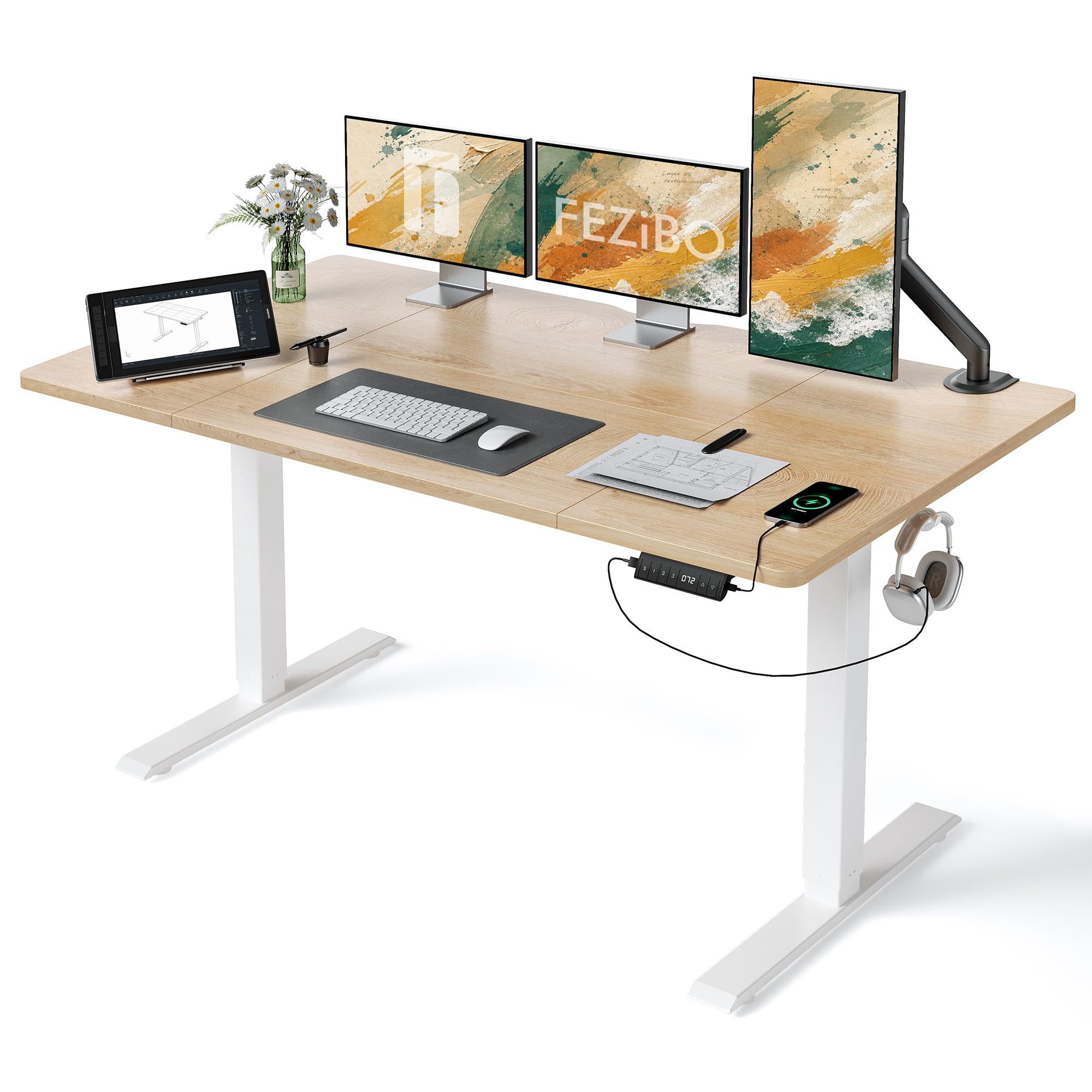 FEZIBO Höhenverstellbarer Schreibtisch mit USB-A und USB-C-Ladeanschlüssen, 160 x 80 cm Schreibtisch Höhenverstellbar Elektrisch, Ergonomischer Steh-Sitz Tisch für Heimbüro, Standing Desk, Eiche