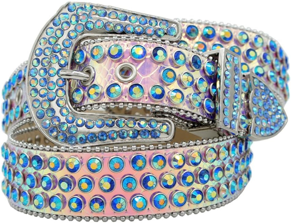 Pulcykp Studded Western Jeans Sparkle Men Leather Belt Designer Rhinestone Belts For Women Bling Strap