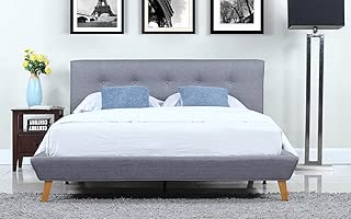 Divano Roma Furniture Mid-Century Grey Linen Low Profile Platform Bed Frame with Tufted Headboard Design (Full) - coolthings.us