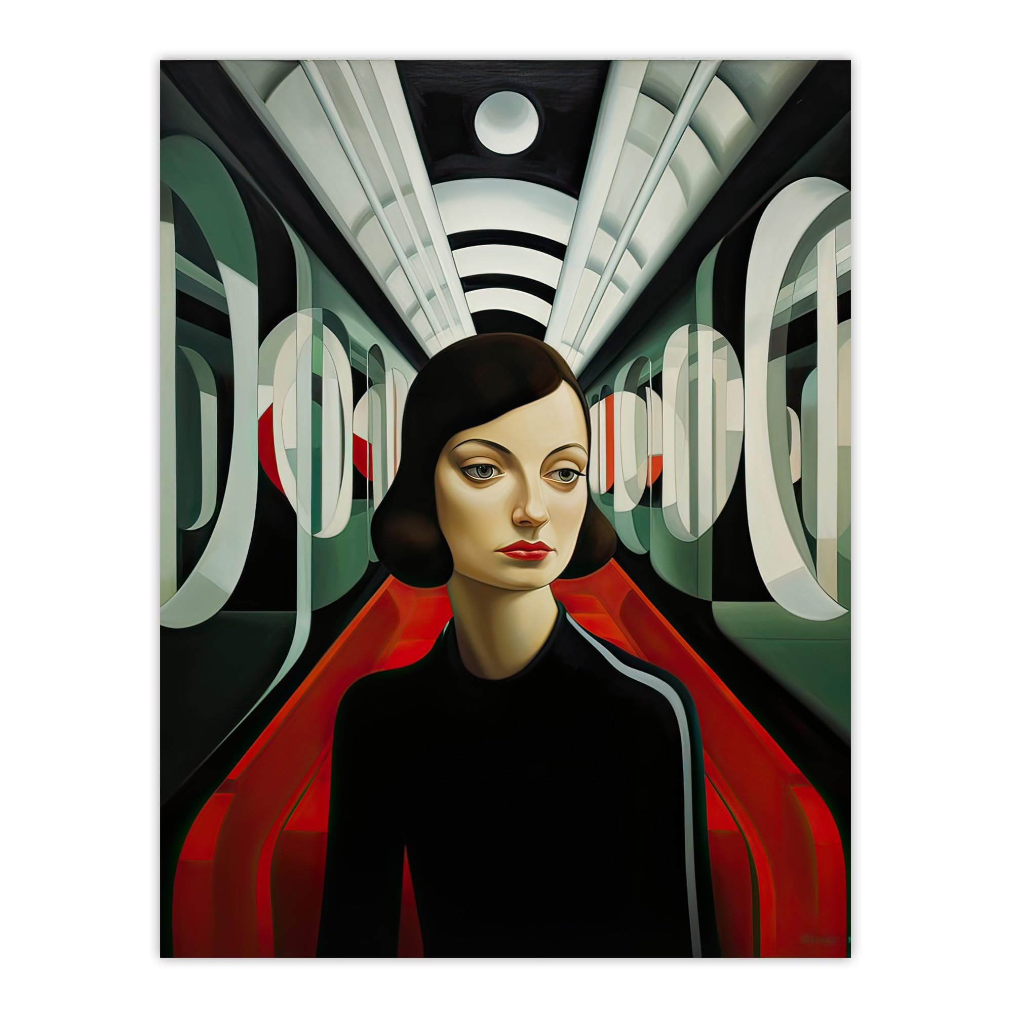 Artery8 Futuristic Train Ride Oil Painting Black Red Green Modern Art Deco Woman Portrait Extra Large XL Wall Art Poster Print