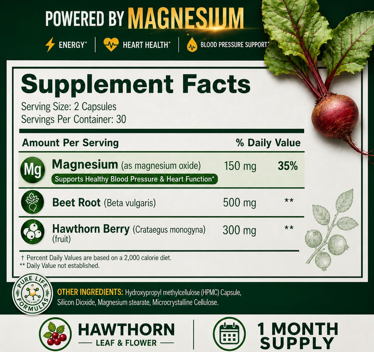 Pure Pressure 50 Blood Pressure Support Supplement - 900mg Odorless Tasteless Beetroot, Hawthorn Berry & Magnesium Capsules - 30-Day Supply Easy to Swallow Circulation Pills - 60 Vegan Capsules — Amazon image 2