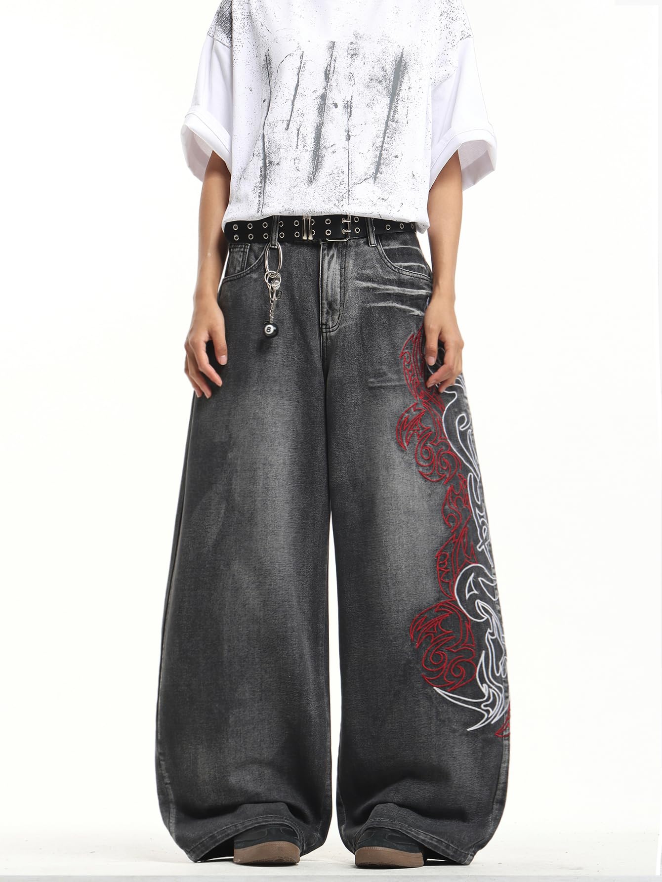 Jeans da uomo con ricamo, hip hop, skater, gamba larga, pantaloni in denim Y2K Streetwear