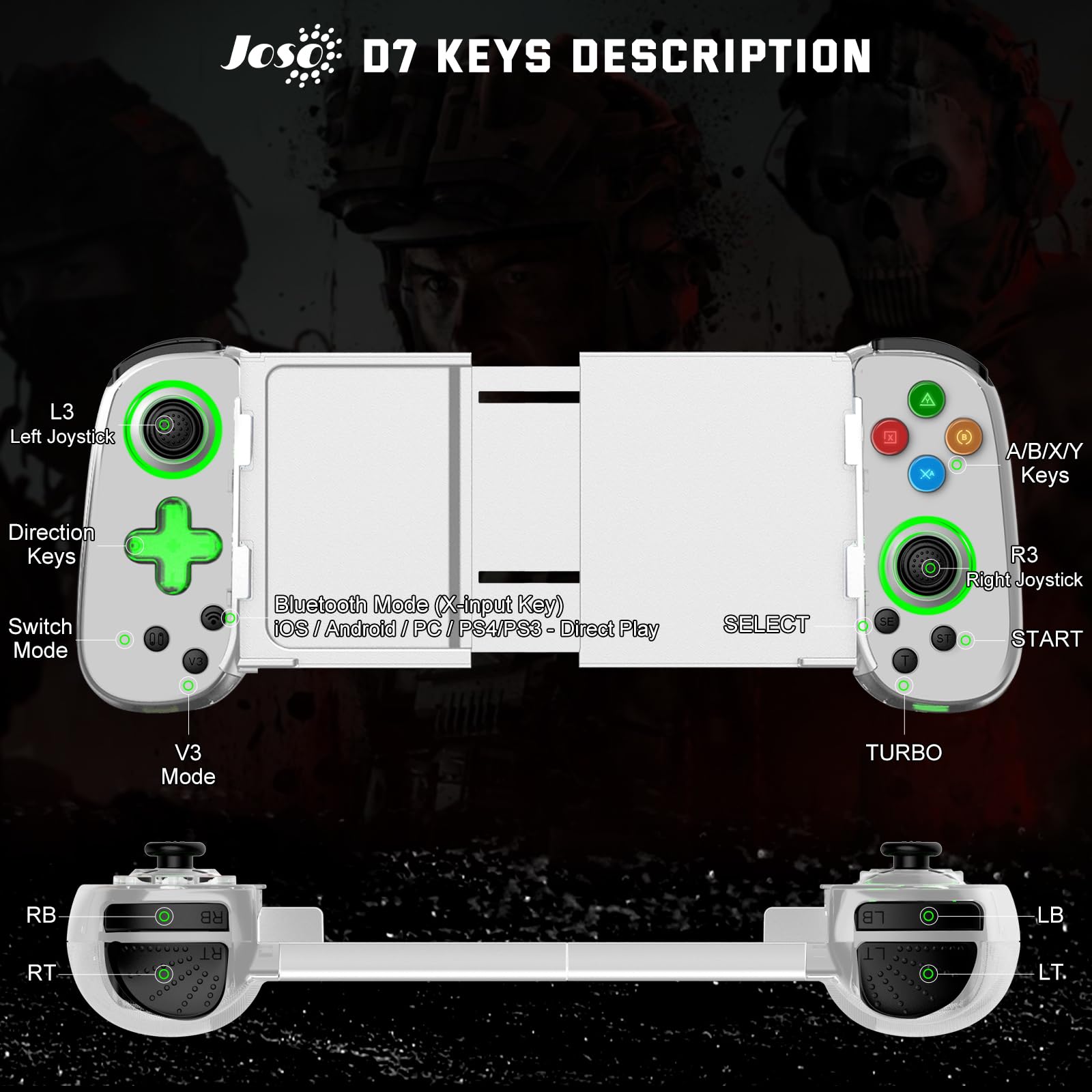 Joso Controller di Gioco Mobile per iPhone/Android/PC/Switch/PS4/PS3, Joystick Bluetooth Gamepad con Turbo/giroscopio/Vibrazione a 6 Assi, Play Call of Duty, Roblox, Genshin Impact, Cloud Gaming