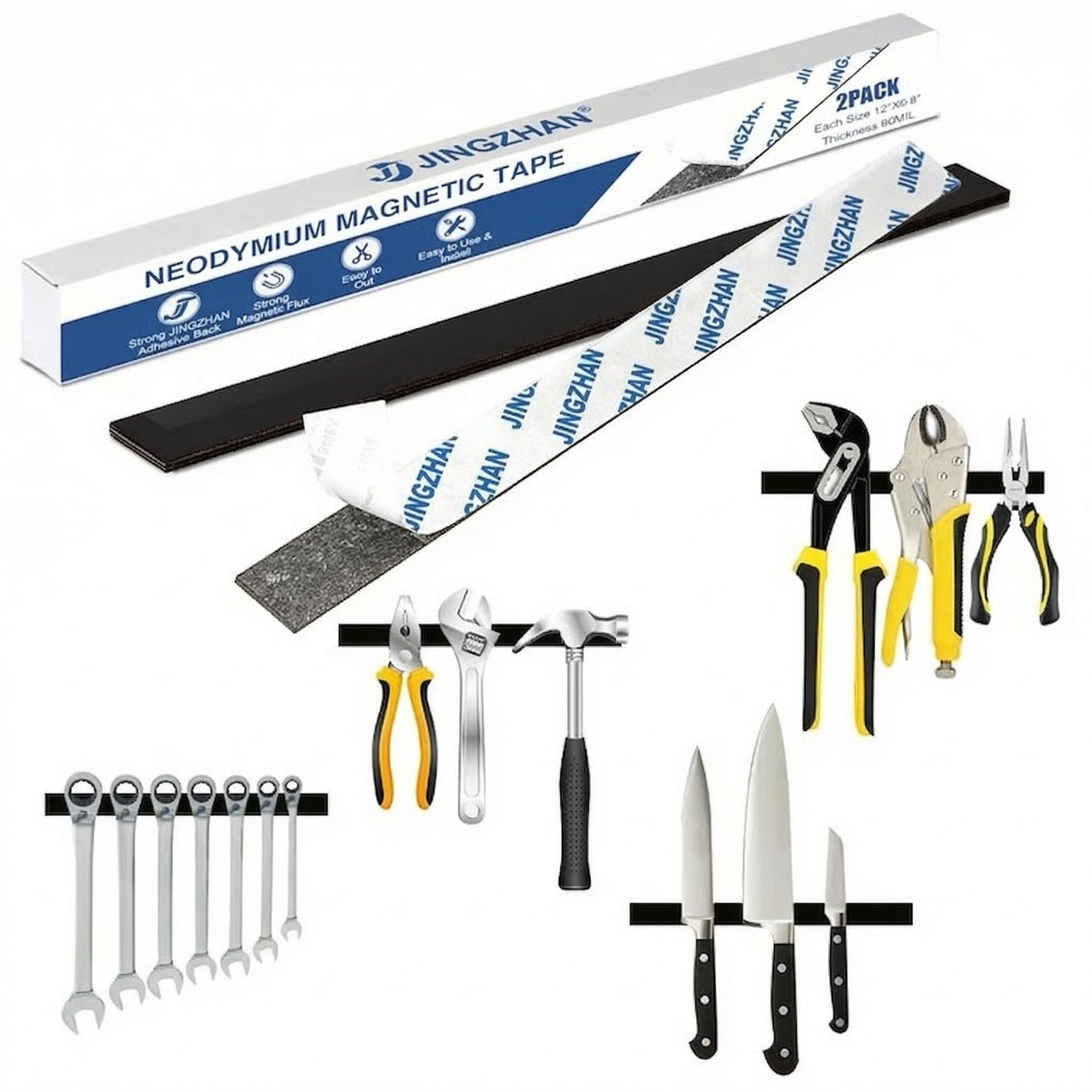 Paquete de 2 tiras magnéticas de neodimio, con respaldo adhesivo 3M (12 pulgadas de largo x 0.8 pulgadas de ancho x 0.06 pulgadas de grosor), cinta magnética flexible fuerte para cocina, sala de