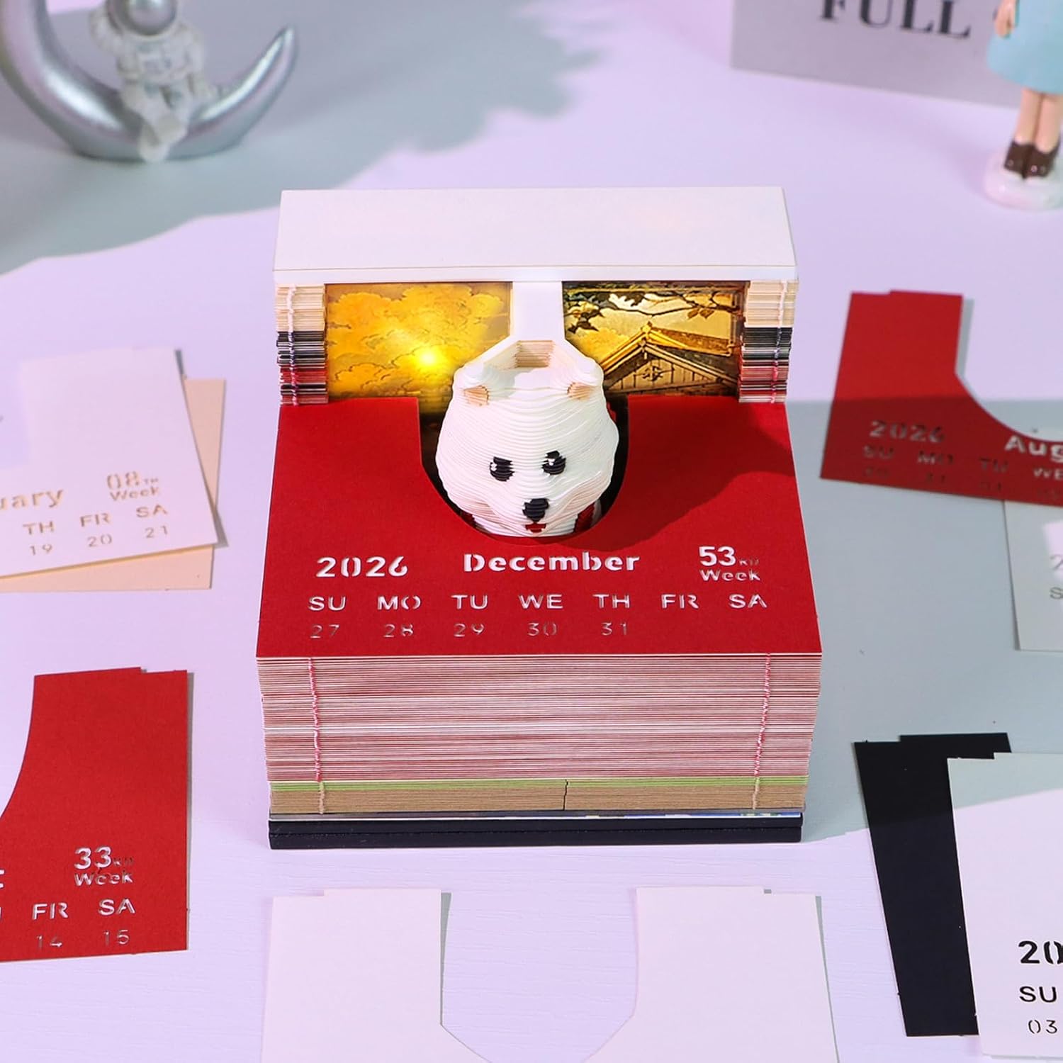 3D Calendar 2026, Time Piece Calendar With 52 Weekly Calendars for 2026, Magic Book and Cute Owl Paper Carving Art Note Book, Suitable for Room and Office Desktop Decoration, Gift Giving (Dog)