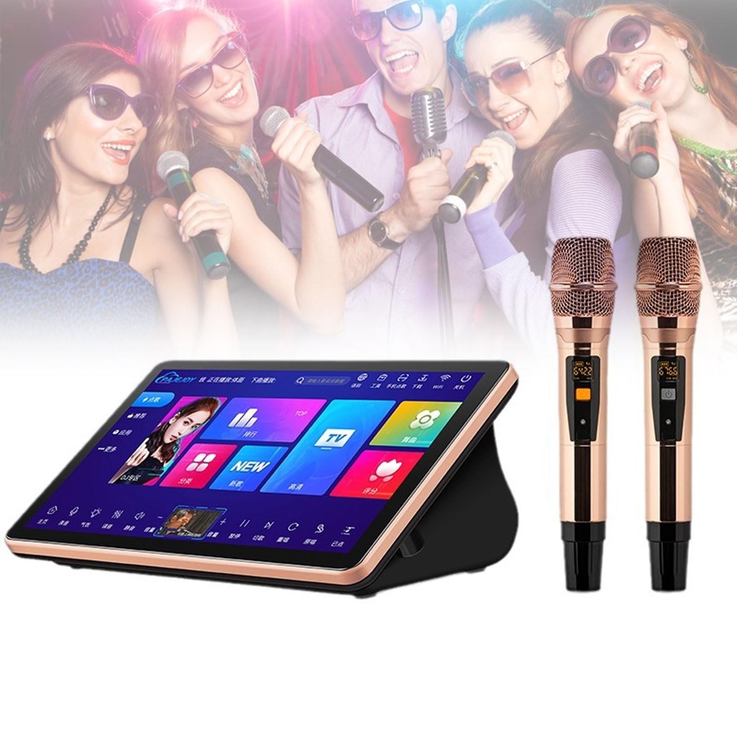Portable Karaoke System, 18.5 Inch Touch Screen Desktop KTV Player With Wireless Microphone, Power Amplifier Function, 20 Languages, 2T High-speed Hard Drive, App&wifi Control, for Family Bar Party (