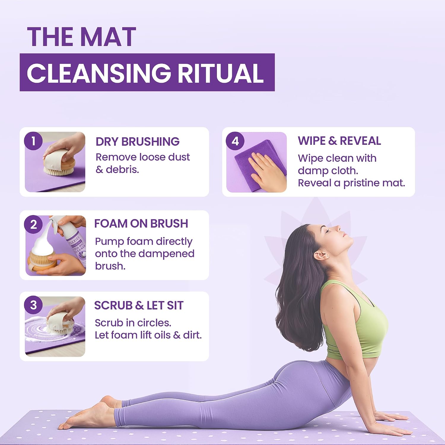 Flexies Foaming Yoga Mat Cleaner Spray Kit, Plant Based Non Toxic Mat Cleaner with Brush and Microfiber Cloth, Yoga Essentials for Women and Men, Pilates Mat Care, Lavender