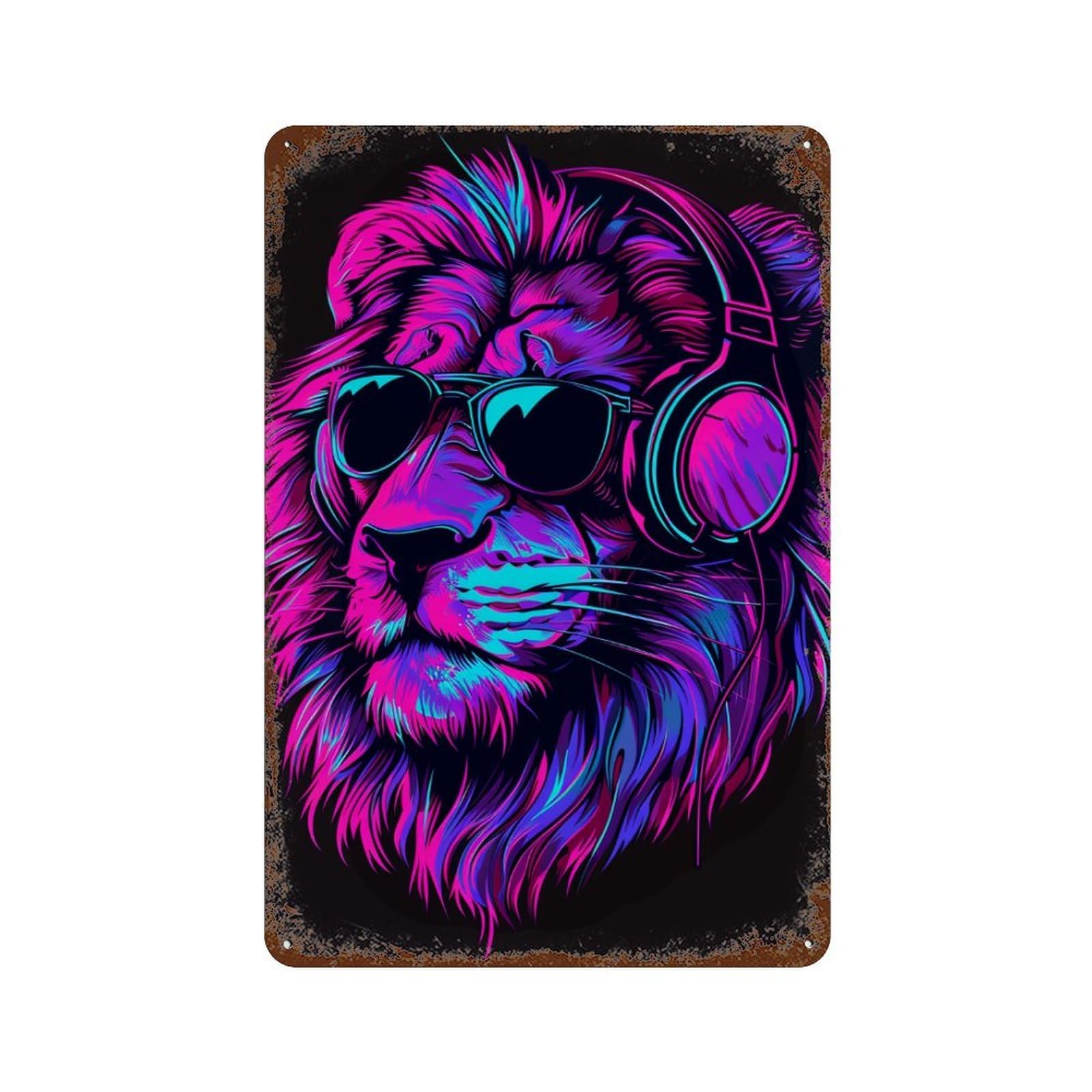 Garage Style Neon Lion Headphones Sunglasses Art Print Distressed Metal Wall Sign 11.8"x7.9", Farmhouse Wall Decor for Bar And Workshop