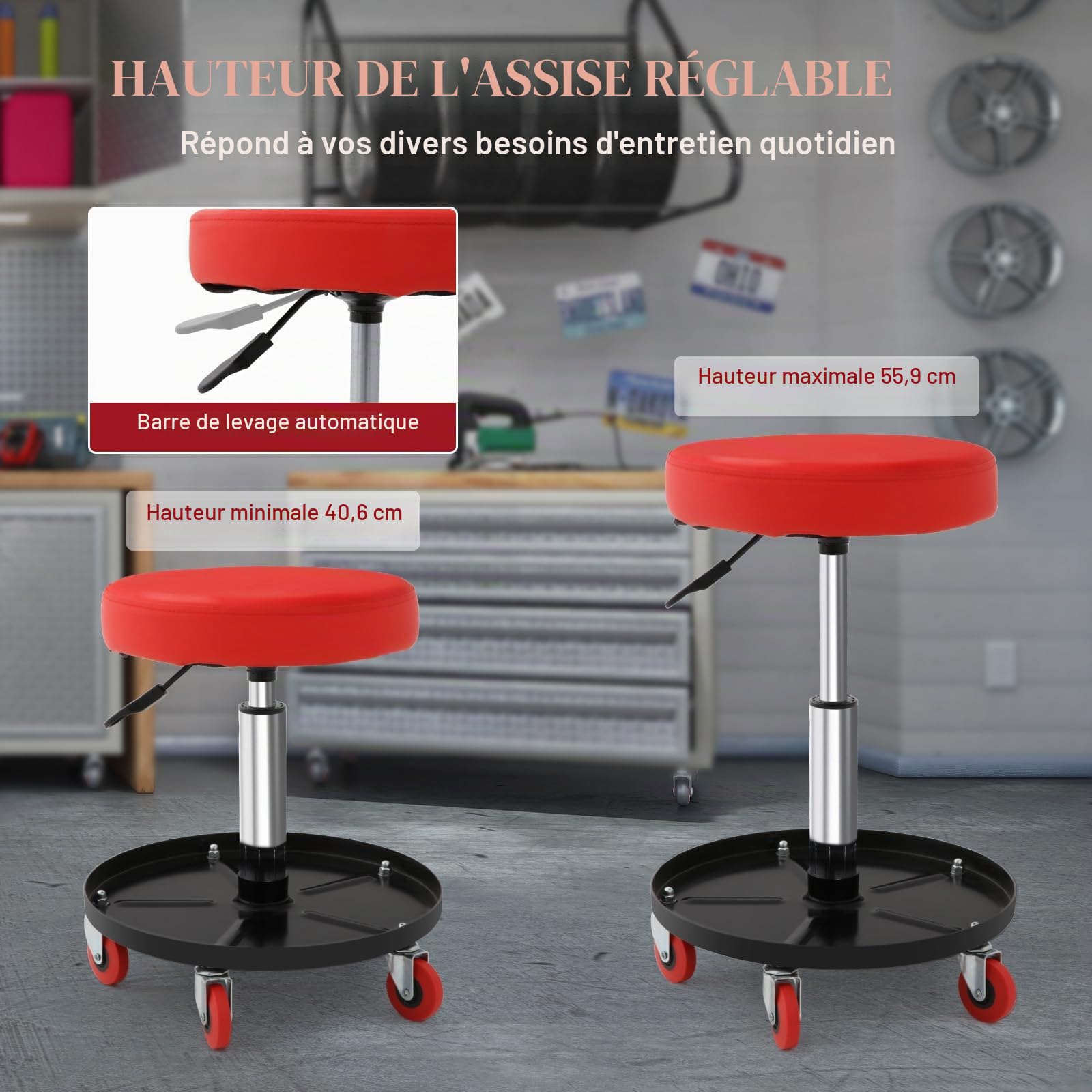 Tabouret d'Atelier Mobile Charge, Tabouret de Mécanicien à Roulettes Lisses Siège d'Atelier Hauteur Réglable avec Plateau à Outils Cadre Robuste Assis our Entretien Réparation Automobile Garage