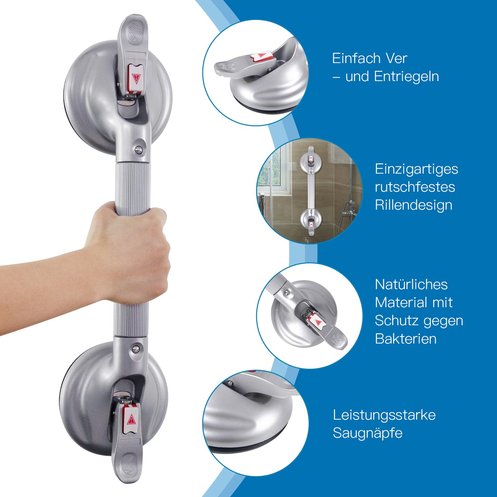 48,3 cm großer Haltegriff mit Saugnapf, tragbarer Duschgriff, Saugnapf, Badewannengriff mit starkem Halt, Saugnapf-Armatur und Schnellentriegelung für Badezimmer (max. Kapazität: 136 kg