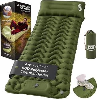 CKG Camping Sleeping Pad with Thermal Barrier, Ultralight Camping Mat 4in Thick with Pillow, Built-in Foot Pump Self Inflating Sleeping Pad for Hiking Tent Road Trip Car Camp Travel Gear, Green