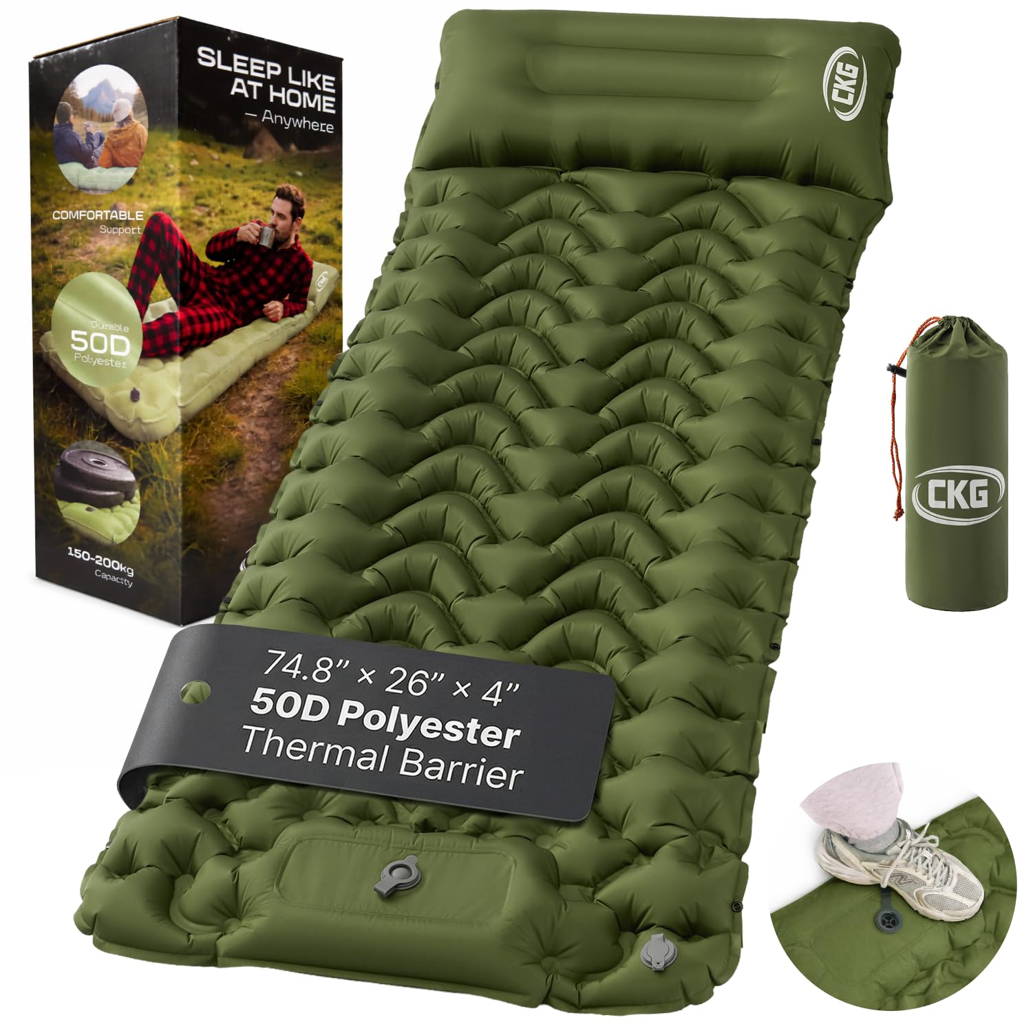 CKG Colchoneta de dormir para camping con bomba de pie de inflado rápido, resistente al agua, ultraligera, verde
