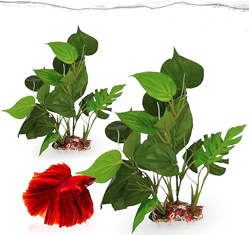 Miniatura 2 de SunGrow Paquete de 2 plantas de hojas de plástico de 10 pulgadas, escondite para peces, betta, pez ángel, peces dorados, rana, pitón, reptiles,